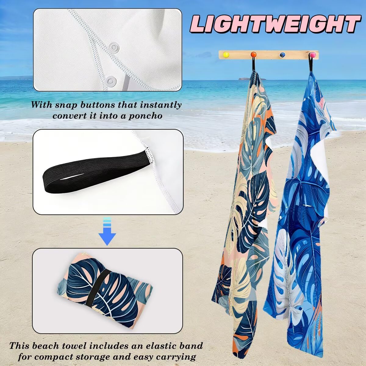 Ręcznik plażowy XXL, 100 x 200 cm, zestaw 2 sztuk, z mikrofibry, z liści palmowych, szybkoschnący, do sauny, fitness, bez piasku, ręcznik plażowy, do sauny, duży na prezenty -4665