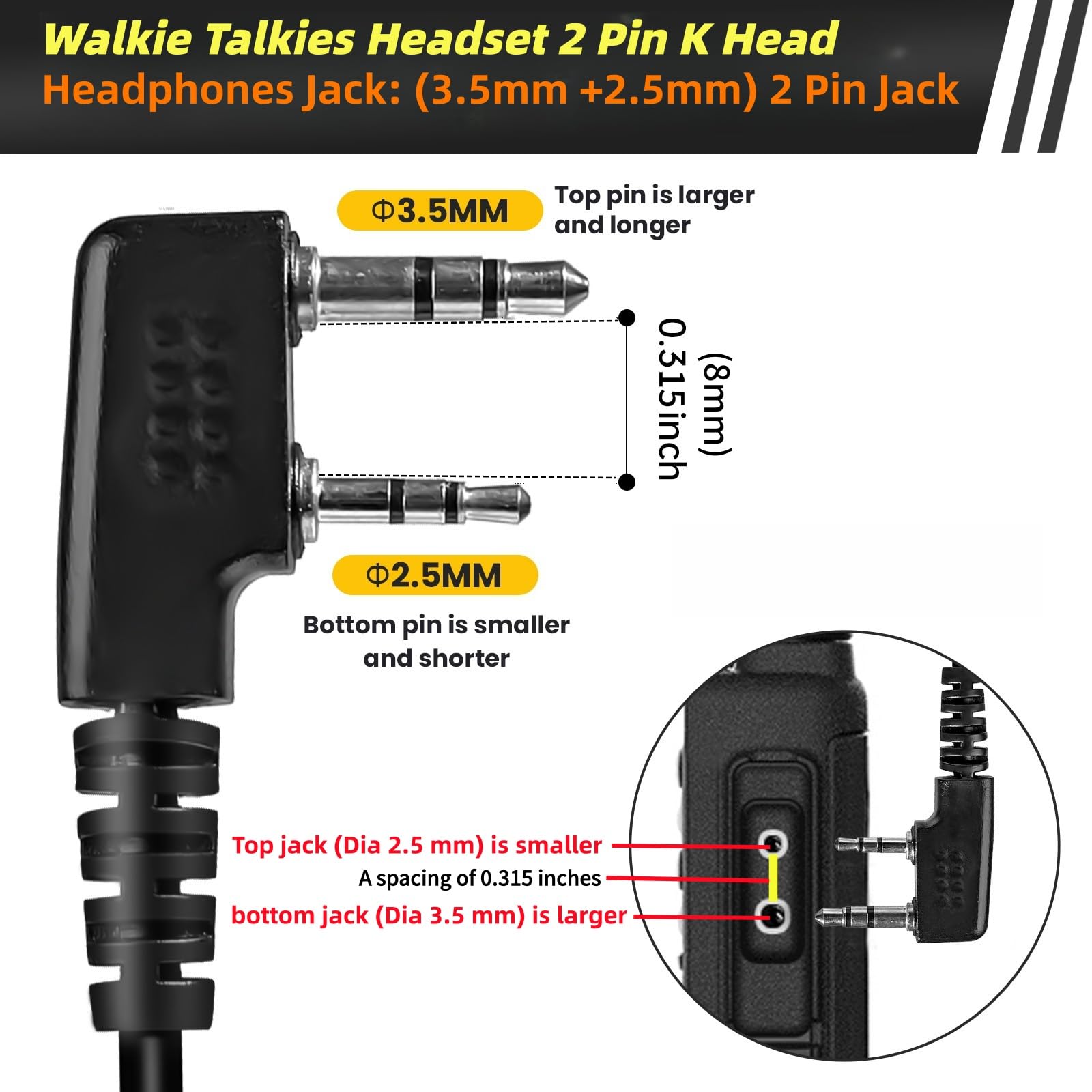 Confezione da 5 auricolari radio bidirezionali con microfono, cuffie per walkie talkie a tubo acustico, compatibili con Kenwood, Baofeng, BTECH, Retevis, Wouxun (tipo K a 2 pin)
