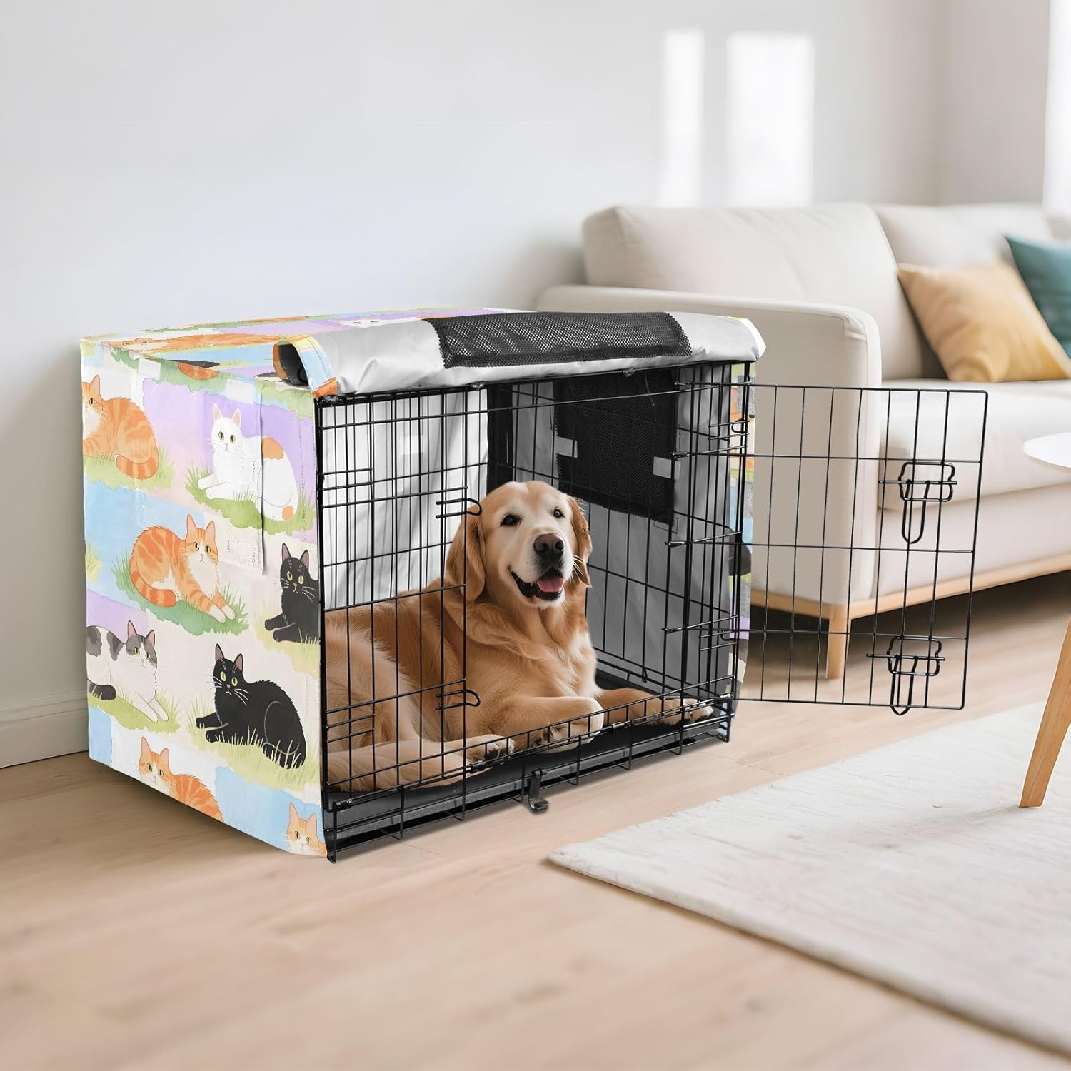 Watercolor Cat Garden Dog Crate Cover 600D Oxford Pet Kennel Cover with Mesh Window for Dog Cages, Windproof Waterproof Machine Washable, 42"x28"x30"