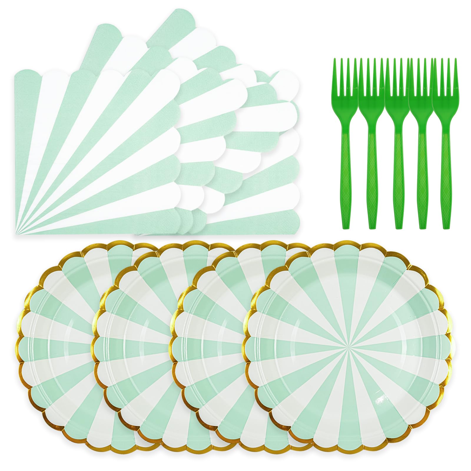 Xjoviative 72PCS Sage Green Paper Plates and Napkins Party Supplies, Gold Foil Edge Scalloped Striped Plates Napkins Disposable Tableware Set for