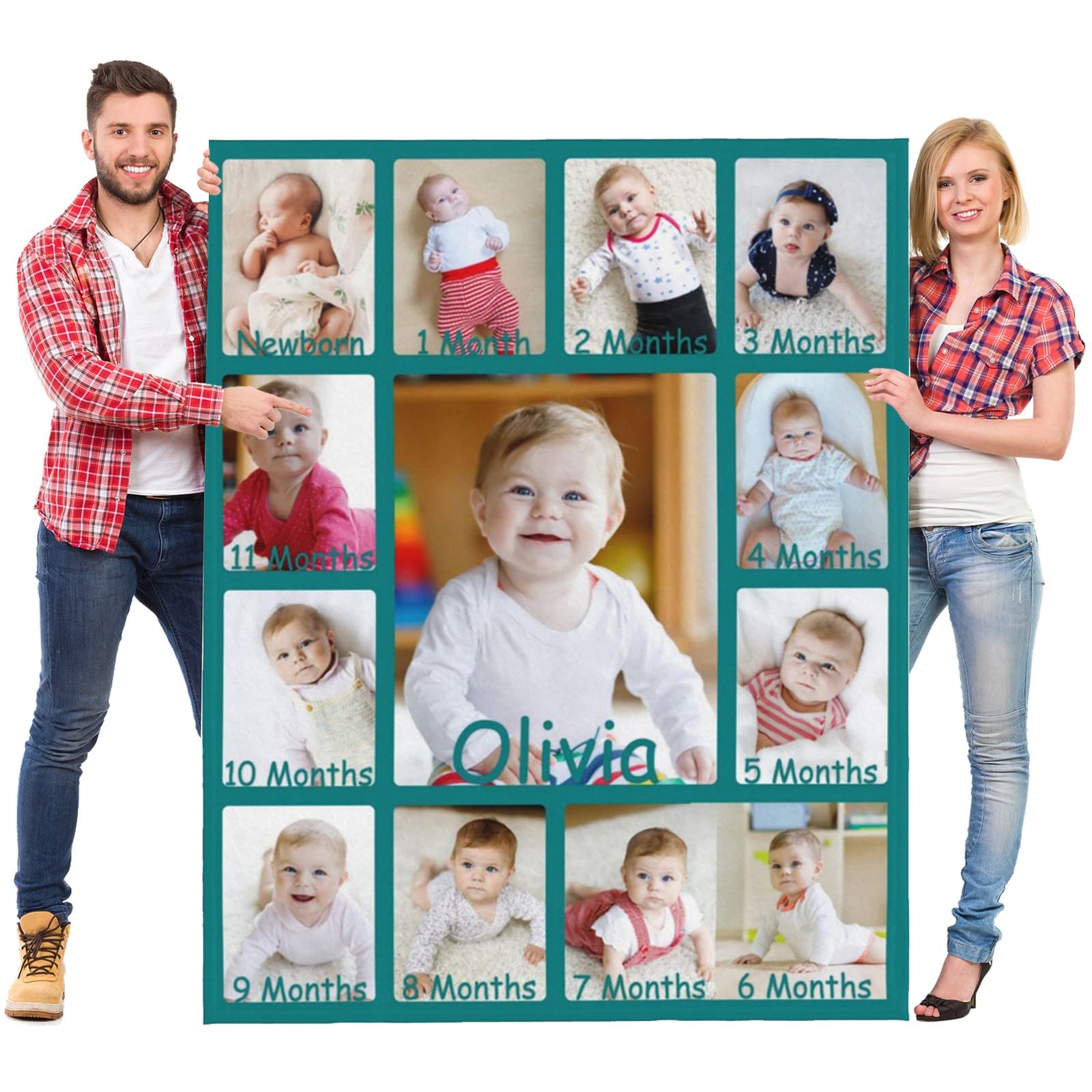 Personalized Baby First Year Blanket Customized with Newborn Growth Photo Name Custom Soft Flannel Blankets Throws Picture Gifts for Infant New Parents