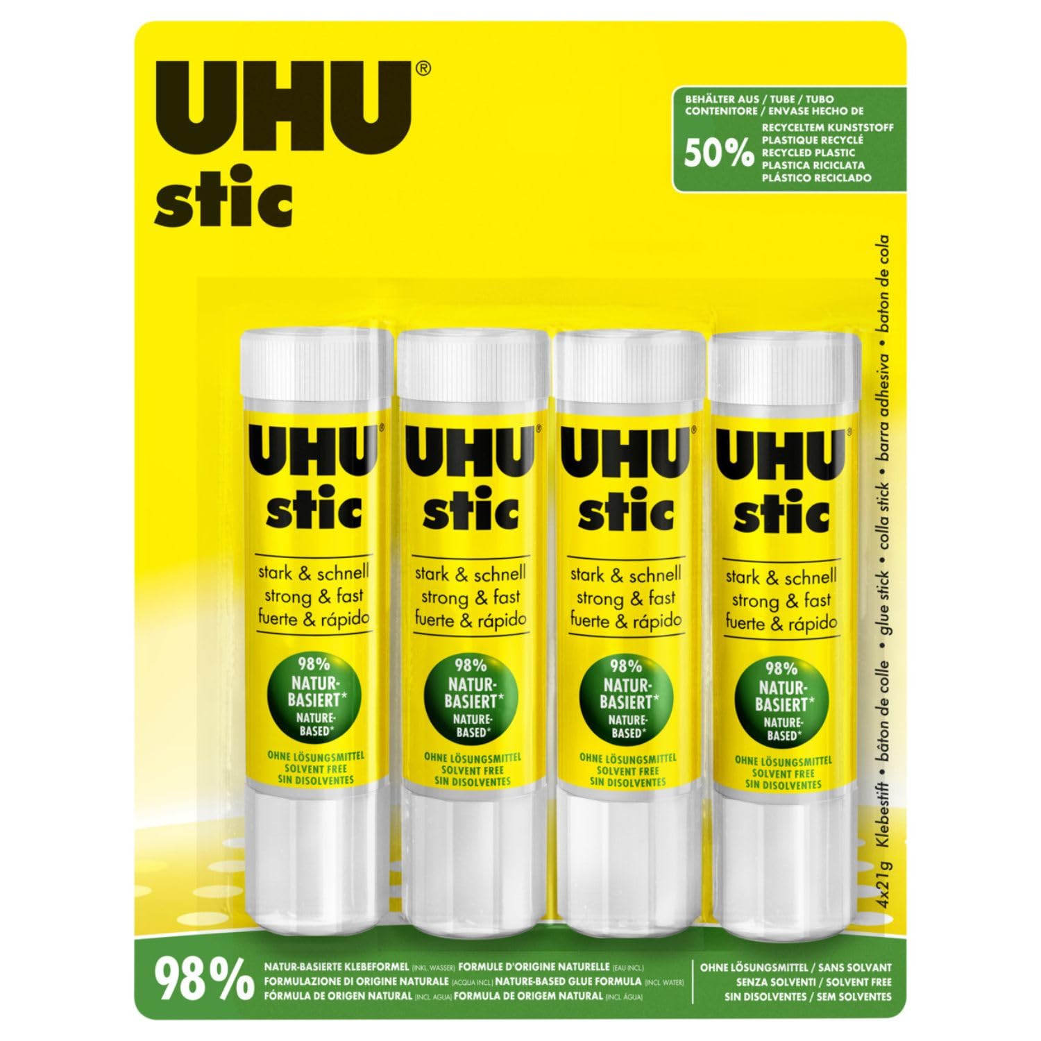UHU Stic - Solvent-Free Glue Stick - 98% Natural Ingredients - Glue for Kids, Arts and Crafts, Office, Home, School - White - 21g (Pack of 4)