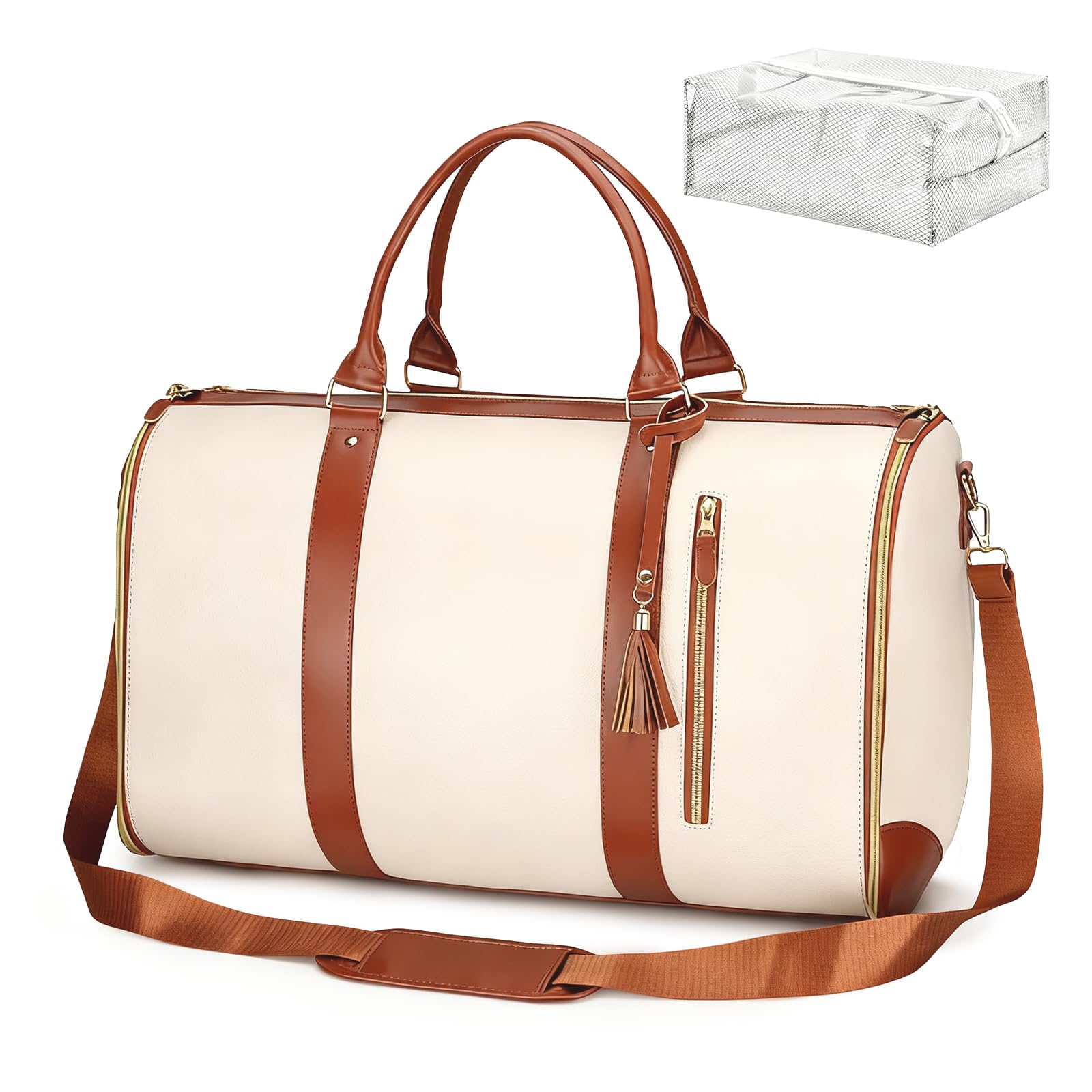 Kleidersack für Reisen, Reisetasche PU Leder Anzugtasche Garment Duffle Bag 2 in 1 Hängenden Faltbaren Koffer Anzug Reisetaschen mit Schuhbeutel Handgepäcktasche für Männer, Frauen (Weiß)