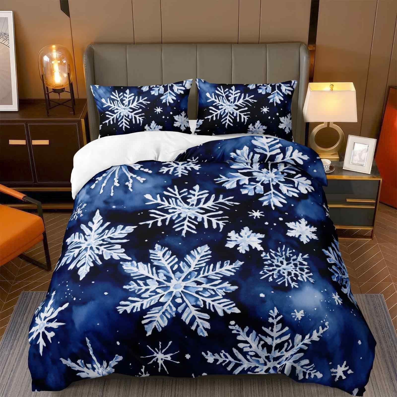 Parure de lit 220x240 cm bleu flocon de neige avec housse de couette et taies