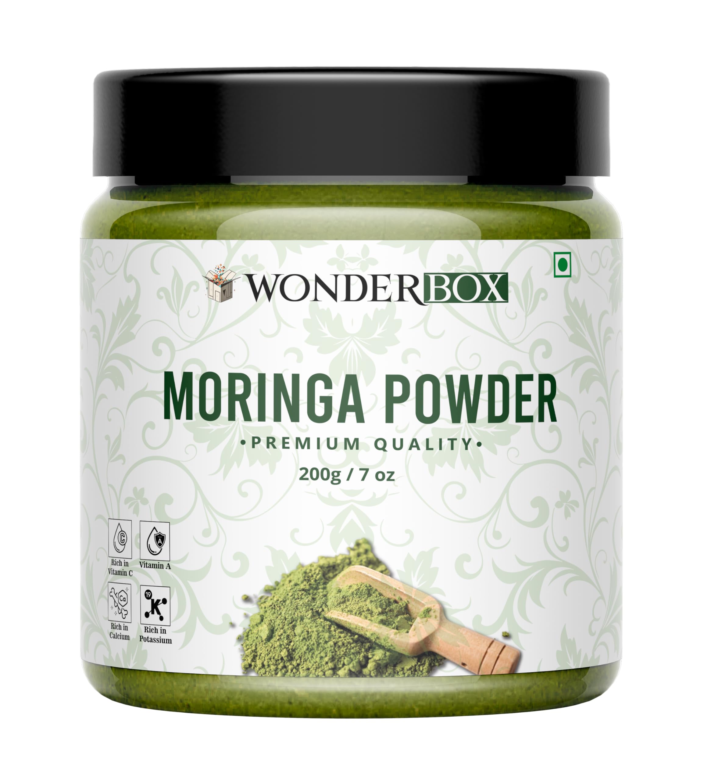 WonderBox Organic Moringa Powder - 200 Gm | Drumstick Leaf Powder Rich in Antioxidants, Supports Digestion and Weight Loss, Immunity & Energy Booster, Skin & Hair Health (Jar Pack Superfood)