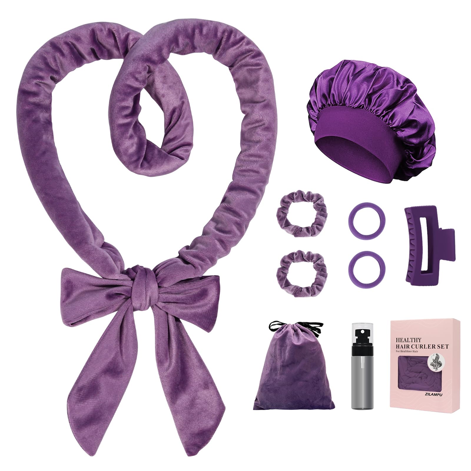 ZILAMPU No Heat Overnight Curls Headband - 70" Soft Wave Wrap for Long Hair to Sleep In, 9 PCS Hair Rollers Gifts Set - Purple