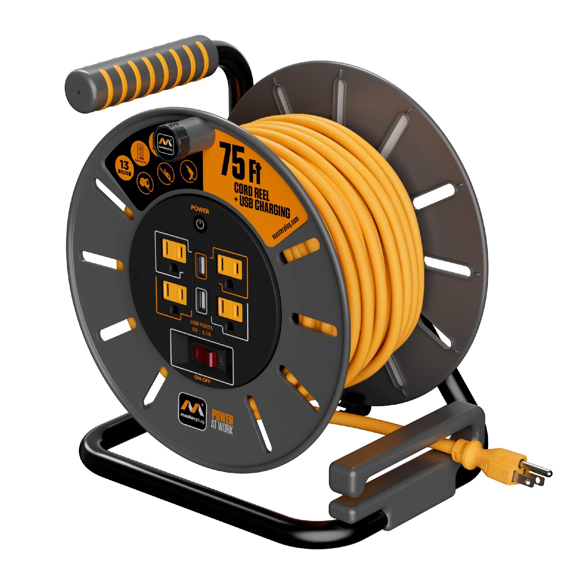 Masterplug 75ft Cord Reel, Retractable Extension Lead with Winding Handle, Safety Overload Circuit Breaker and Power Switch, 4x Grounded Outlets, 2x USB Ports, 15amps, 12AWG Cable