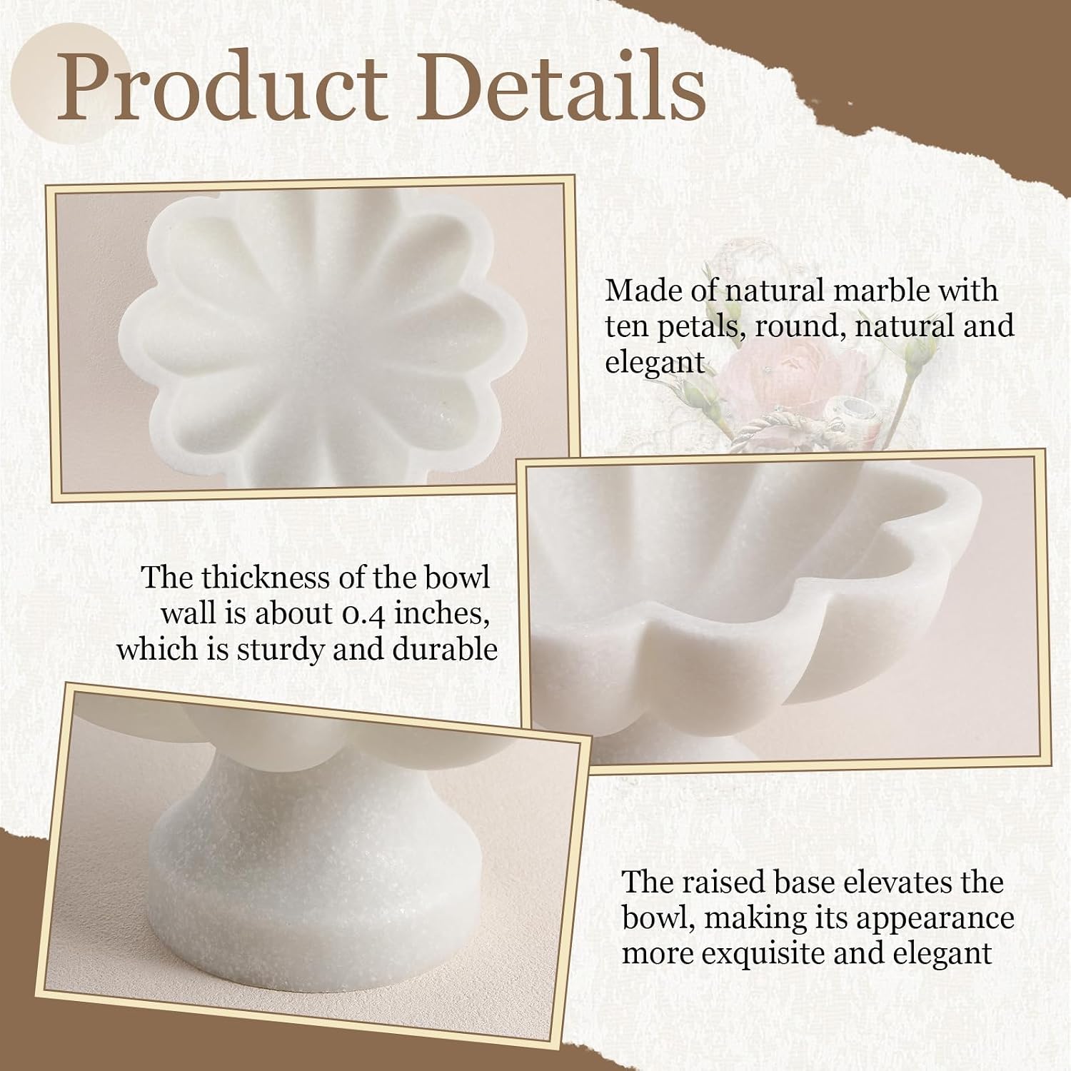 Potchen 1 Pcs White Ruffle Marble Bowl, 8 Inch Decorative Scalloped Fluted Bowl for Kitchen Counter Entryway & Home Table Centerpiece Decorations, Trinket Dish for Keys, Jewelry, Fruit & Snacks