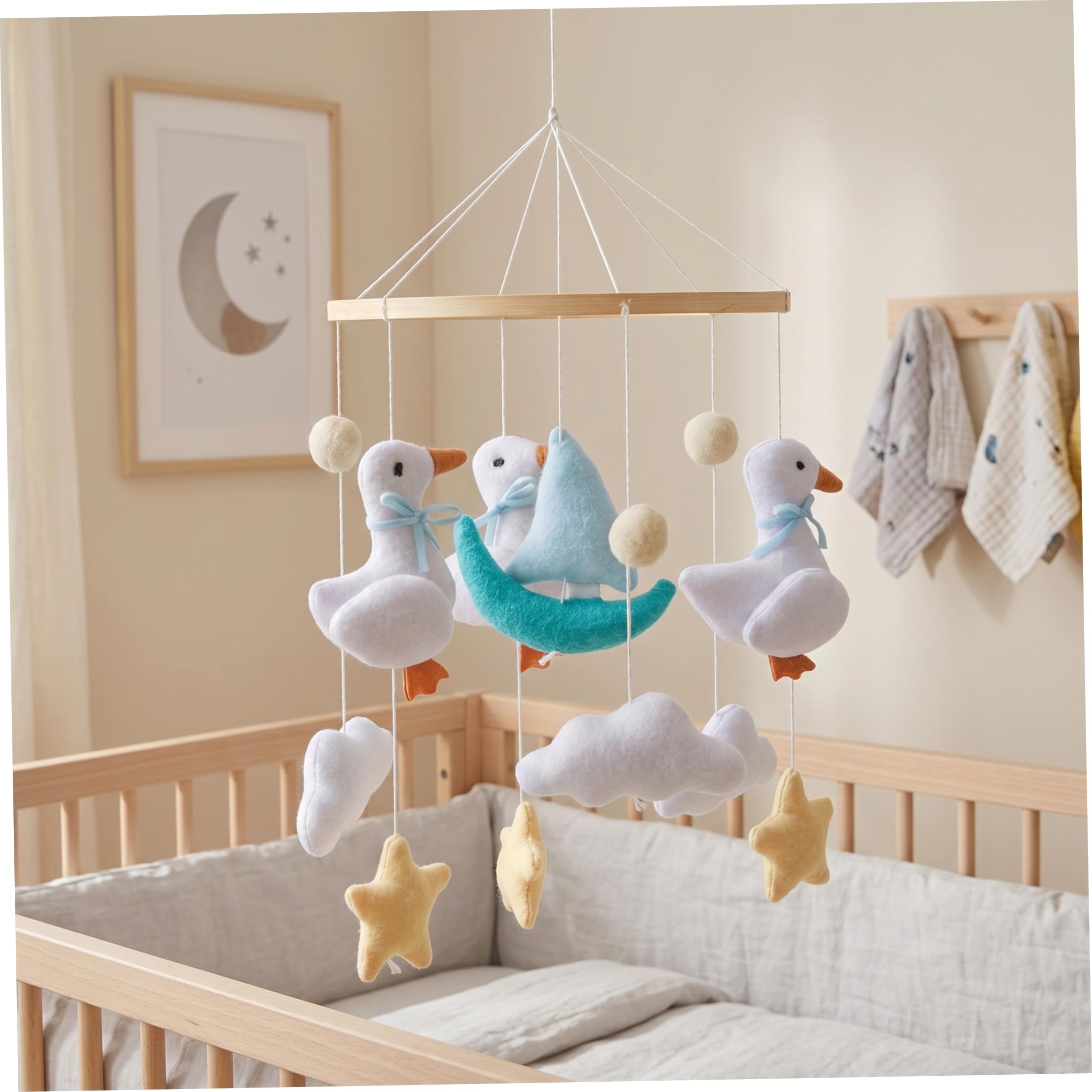 Babybett-Mobile, Babybett-Mobile, Hängespielzeug mit Entenmotiv, Filzwolken und Glöckchen, für Neugeborene, Jungen und Mädchen
