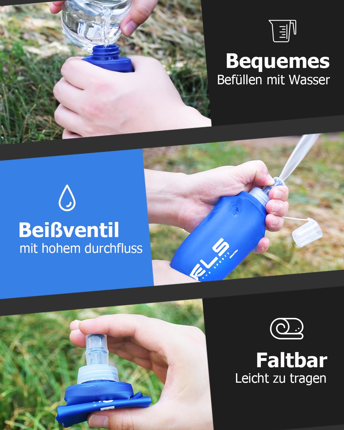 Juszt Faltbare Wasserflasche 250/500 Ml | Weiches TPU, Beißventil, BPA-frei | Für Laufen, Radeln, Reisen