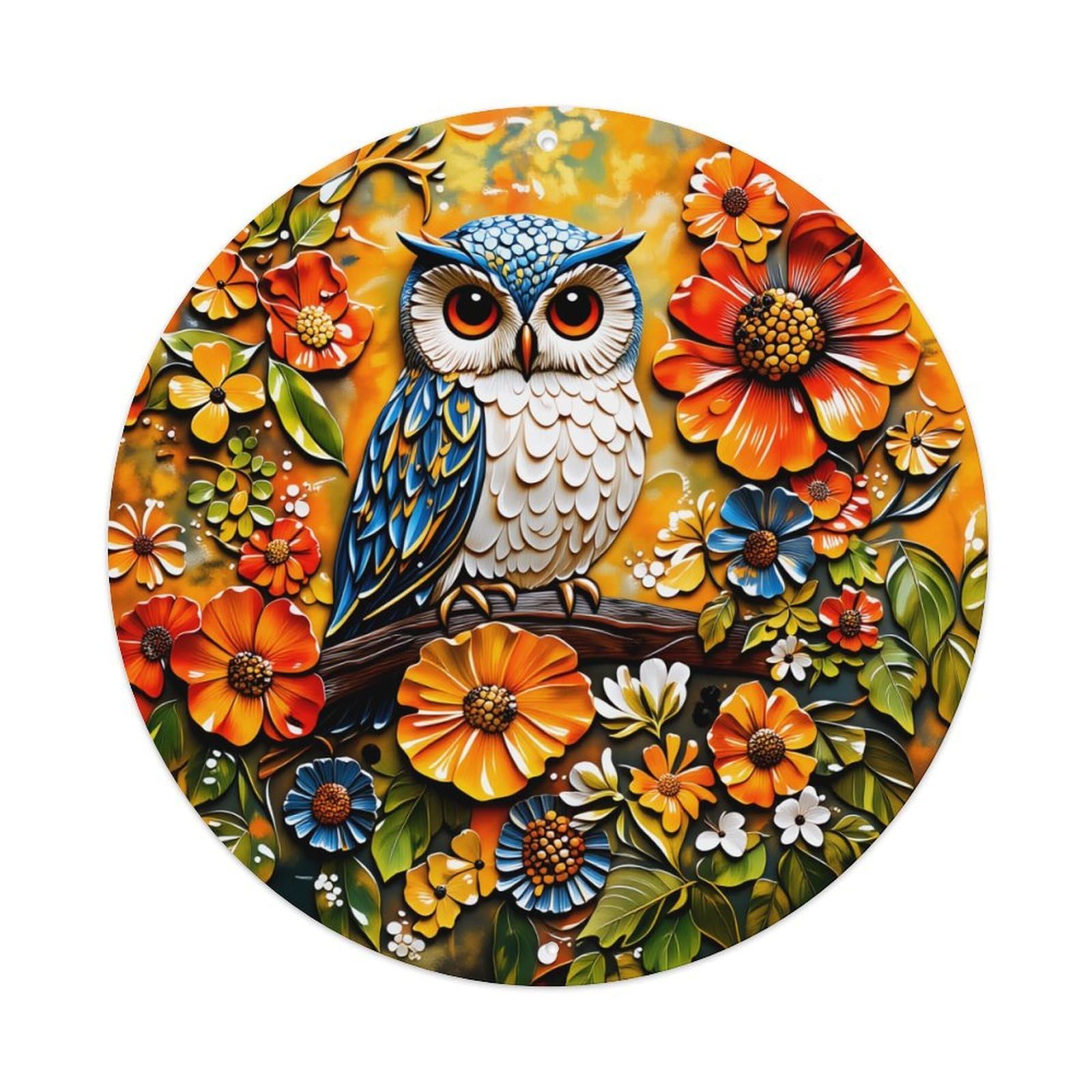 Owl Perched On Branch Surrounded By Vibrant Flowers And Leaves Round Vintage Tin Sign,Retro Wall Art,Metal Poster for Home, Bar, Garage, Cafe, Rustic Indoor & Outdoor Decor, 8x8 Inches