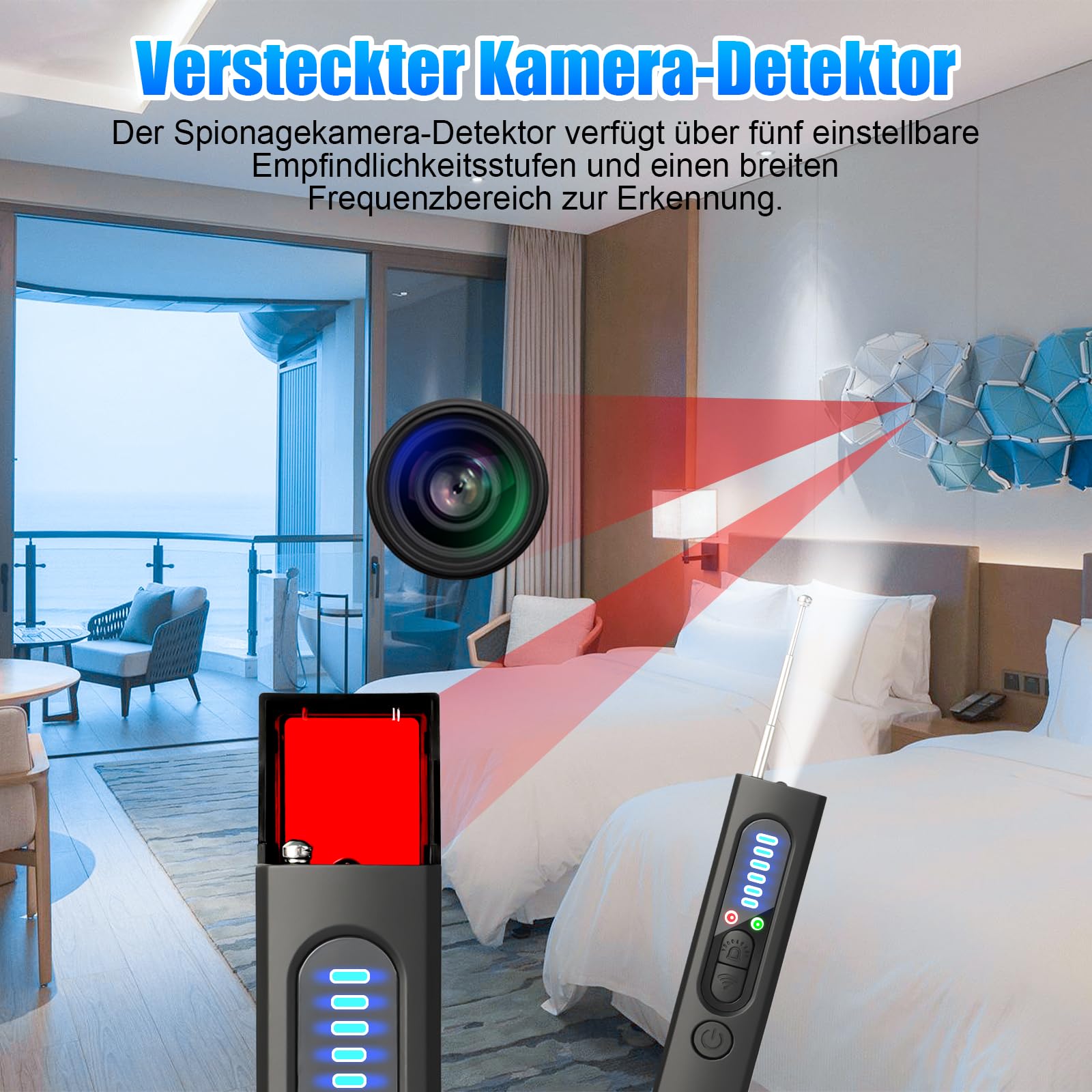Détecteur de Caméra Cachée 4 en 1 – Détecteur de Micro Espion, GPS Tracker, Détecteur RF sans Fil, 5 Niveaux de Sensibilité, Alarme de Sécurité pour Maison, Bureau, Hôtel