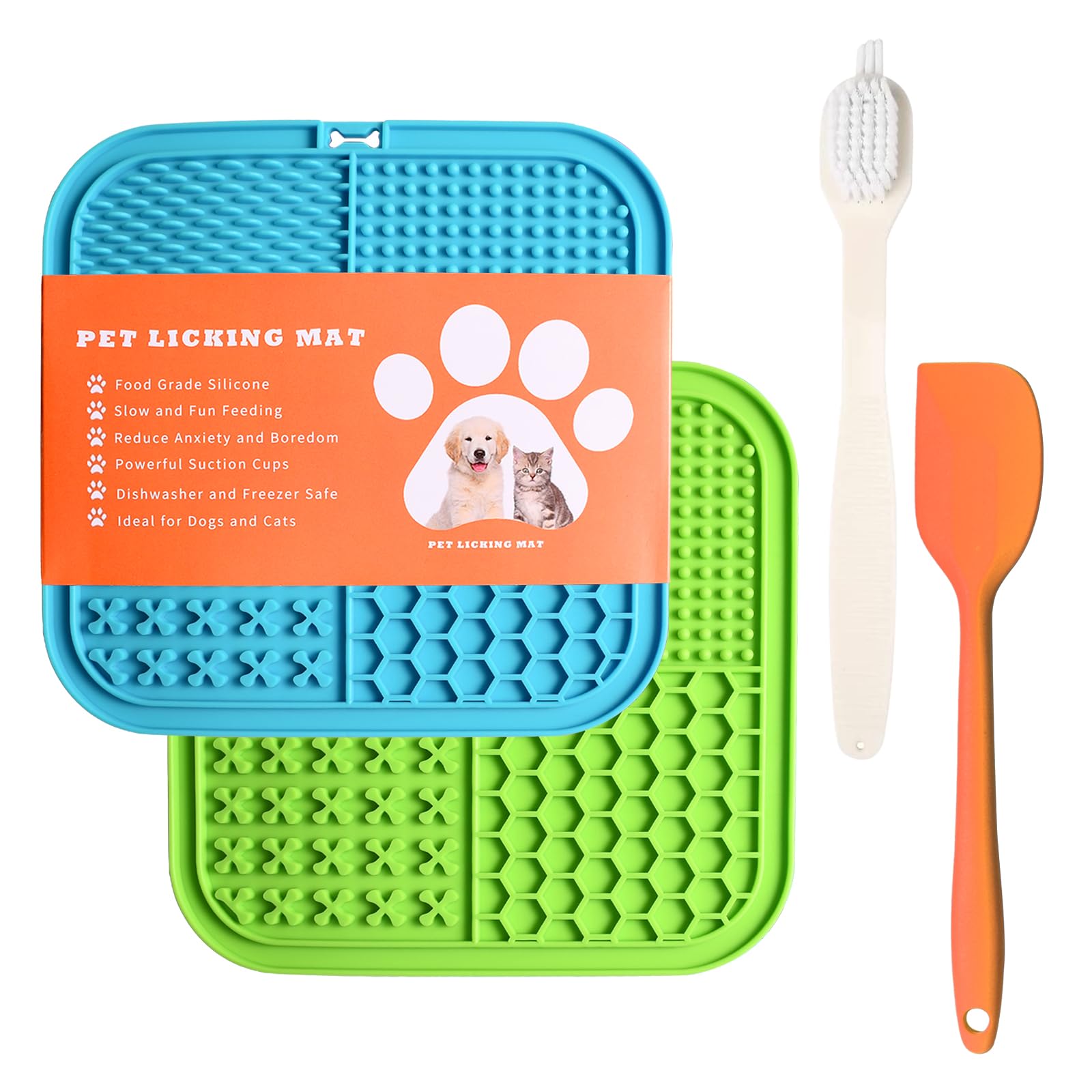 Q Line® Licky Mats for Dogs - 2 Pack Slow Feeder with Strong Suction Cups - Soothes Anxiety, Promotes Dental Health - Includes Spatula & Brush - Perfect for Bathing, Grooming, Training (Blue, Green)