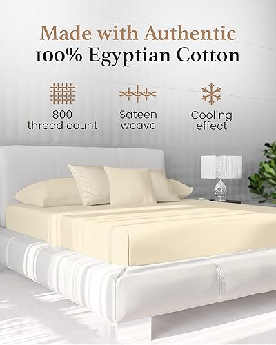 Miniatura 2 de Sábanas bajeras de 800 hilos, color marfil, 1 sábana bajera 100% algodón egipcio, sábana bajera suave, sábana bajera de 16 pulgadas de profundidad,