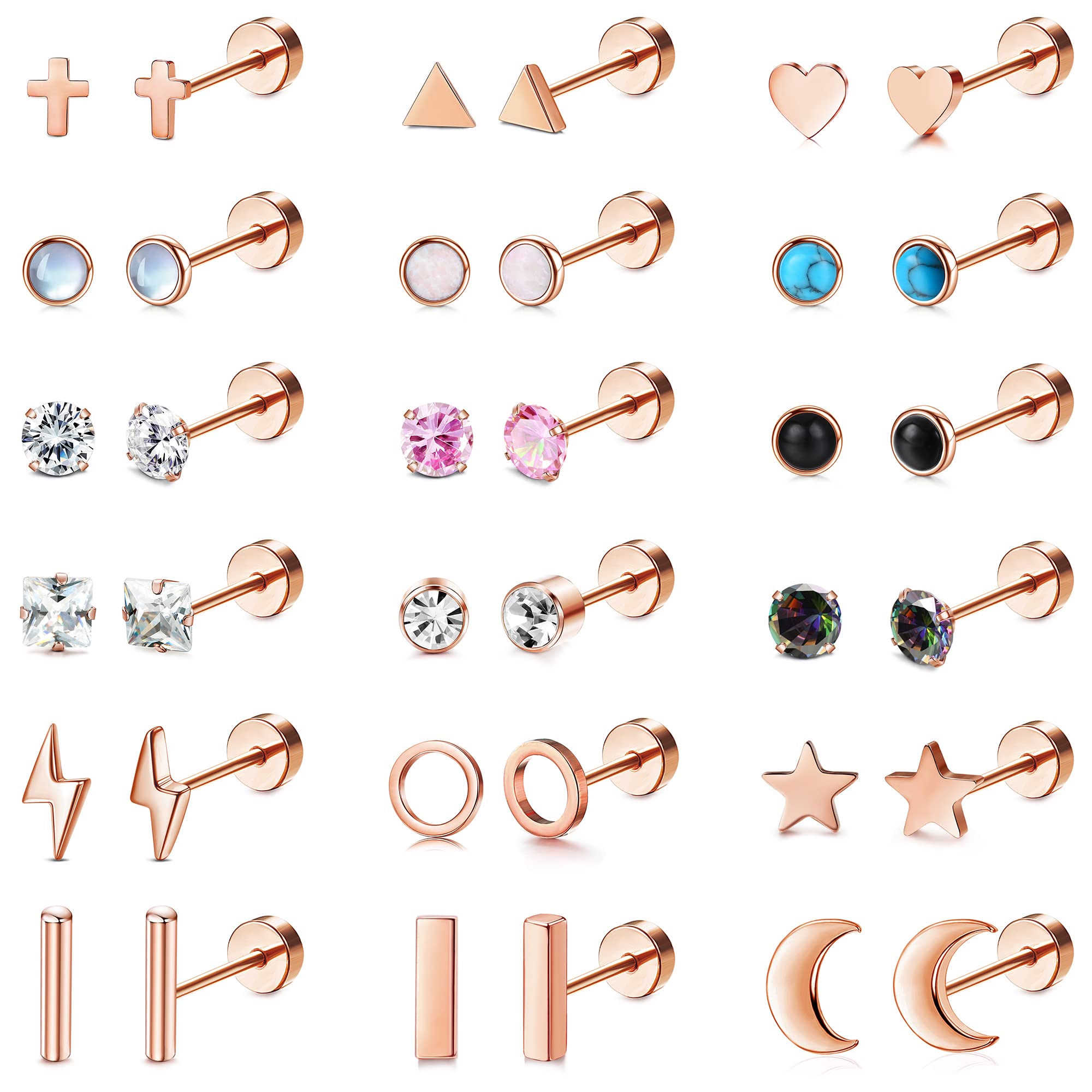 MILACOLATO18 Pairs Tiny Cartilage Stud Earrings Set for Women Men 316L Stainless Steel 20G Cartilage Helix Earrings Moon Star Heart Disc CZ Geometric Flat Back Stud Earrings Piercing Jewelry