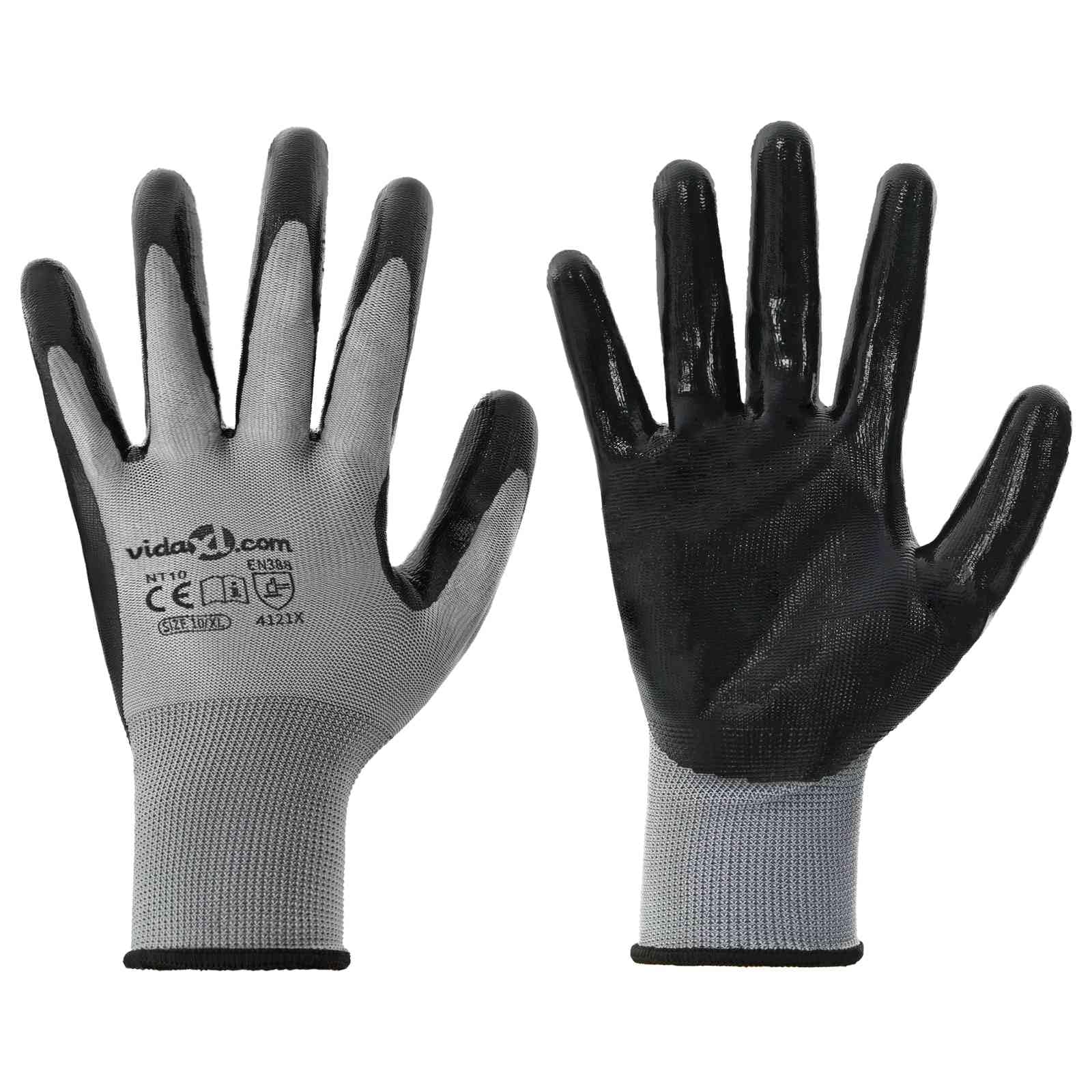 Gants de Travail 24 pièce Gris et Noir 10 / xl Polyester pour Homme et Femme, Outils de Jardin, Mécanicien, Jardinier