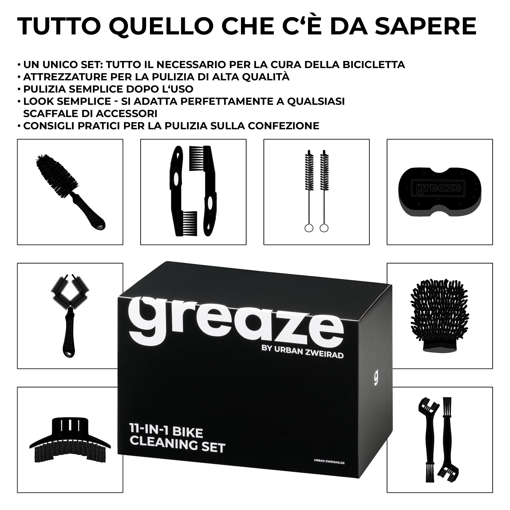greaze Set pulisci catena bici - Set pulizia bici - Accessori bici spazzola per catena + spazzola per la pulizia catena della bicicletta - spazzola per pignone - Kit pulizia bici (set da 11 pezzi)