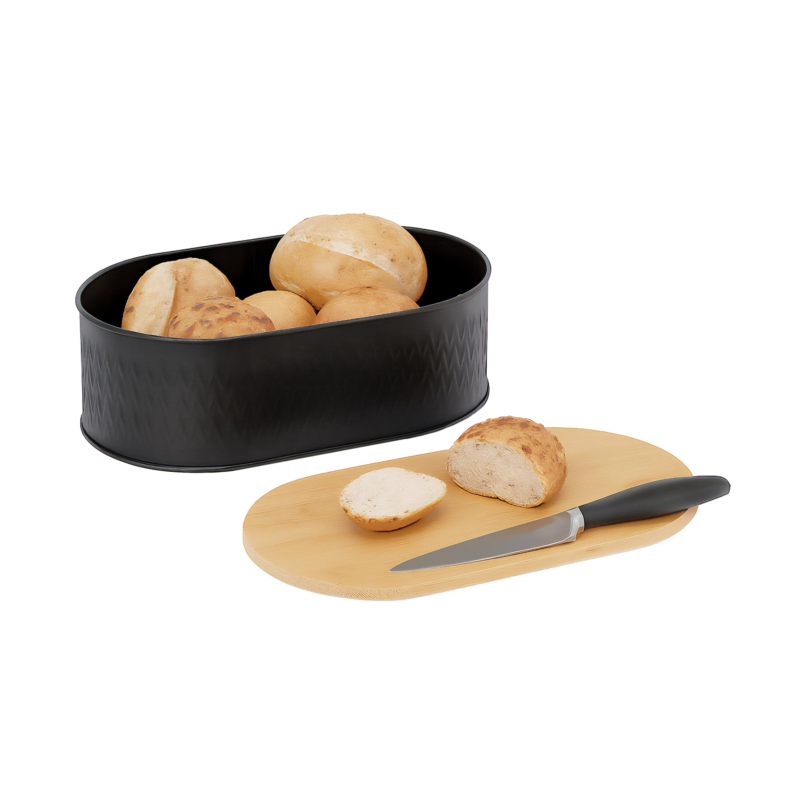 Relaxdays bread box with cutting board, bamboo lid, metal, HxWxD: 12 x 33.5 x 18 cm, black/natural
