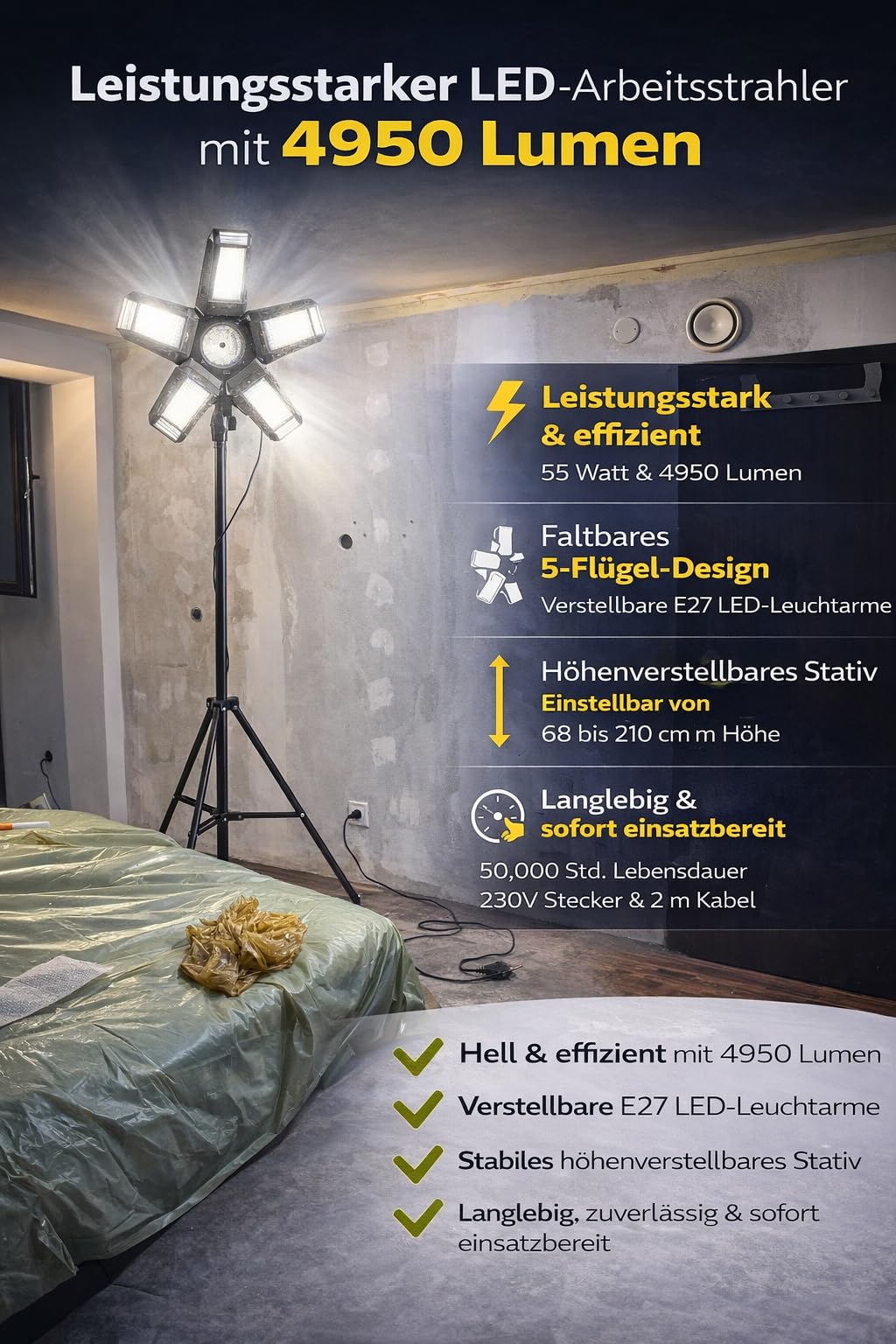 LATRANS Faltbare LED Arbeitsleuchte 55W mit Stativ & Netzstecker – 5-Flügel Baustrahler E27, 4950 lm, 6500 K Kaltweiß, höhenverstellbar 68–210 cm, IP20, für Werkstatt, Garage und Baustelle (Schwarz)