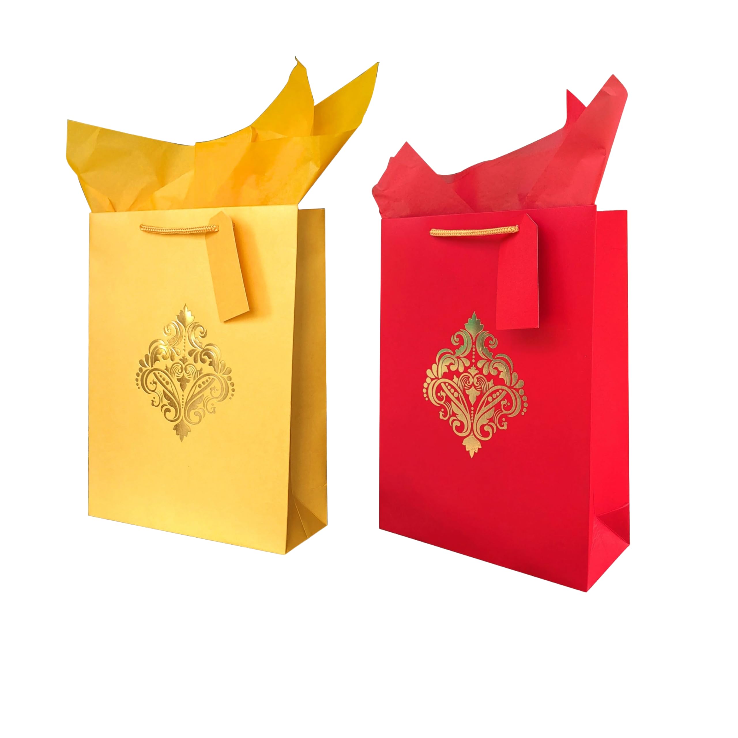 Flora Paperbags Paper Bags For Wedding Return Gifts | Medium Size Gift Bags With Tissue & Tags | Gold Foil Paper Bags 8.5x12x3.5 Inch For, Party, Diwali, Engagement