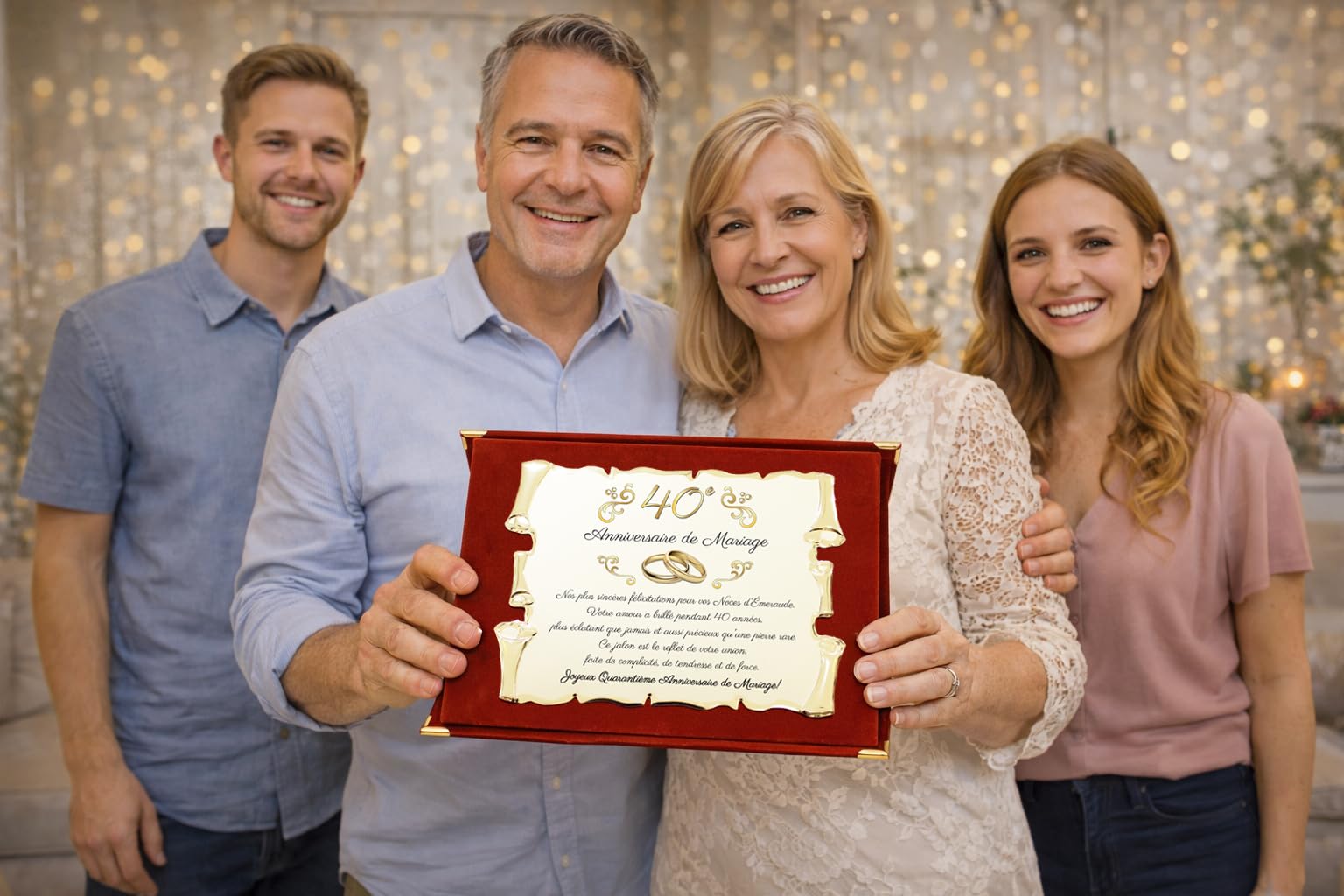 Placa de recuerdo elegante para 40º aniversario de boda | Regalo cuadragésimo | Bodas de Esmeralda | Pergamino de metal dorado decorativo con dedicatorio (rojo, 40 años)