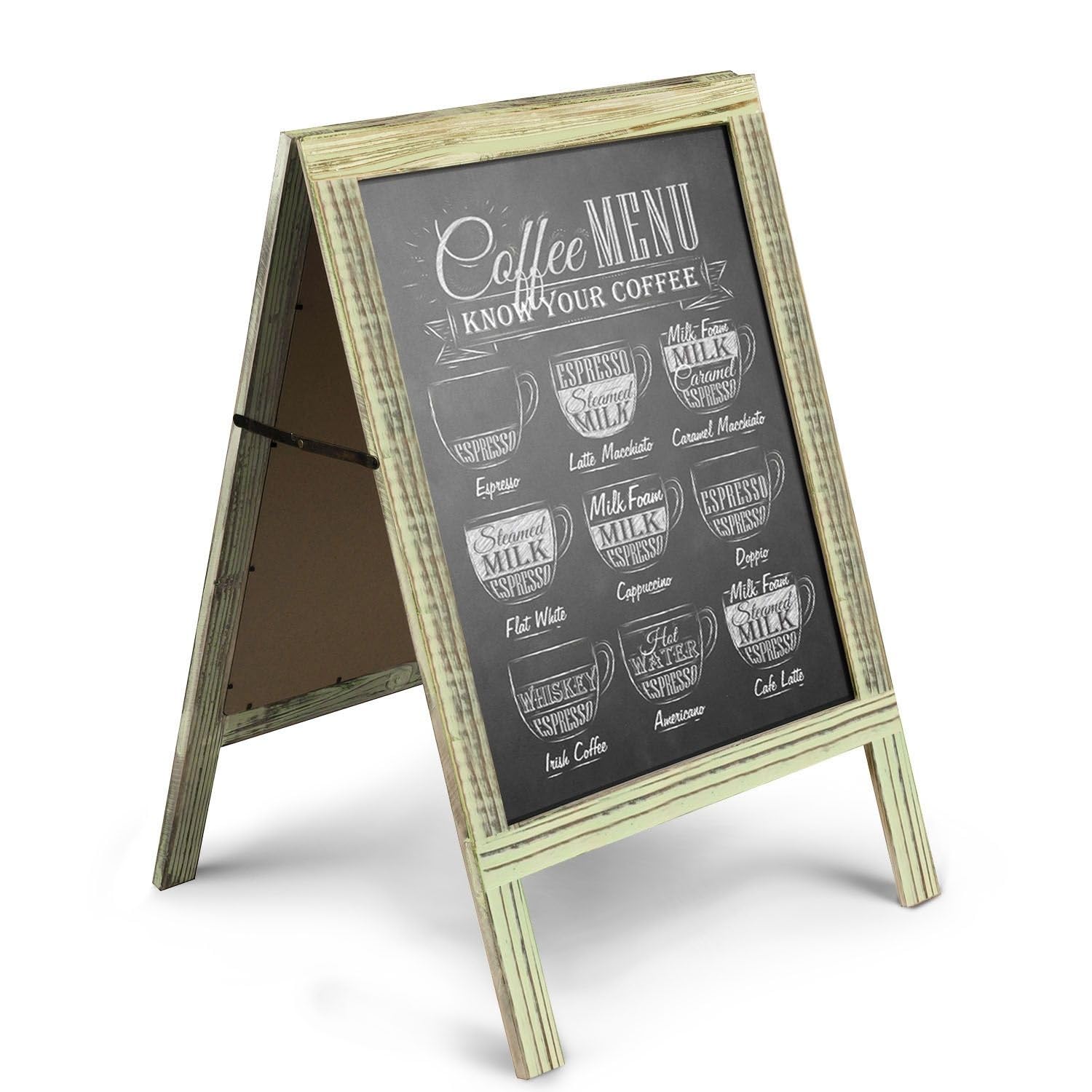 Flexzion A-Frame Sidewalk Sign Outdoor Chalkboard Easel Rustic Vintage Framed Chalkboard Folding Sign, Two-Sided Standing Menu Board for Food Truck, Sandwich Board Sign, Bar Specials, Wedding and More