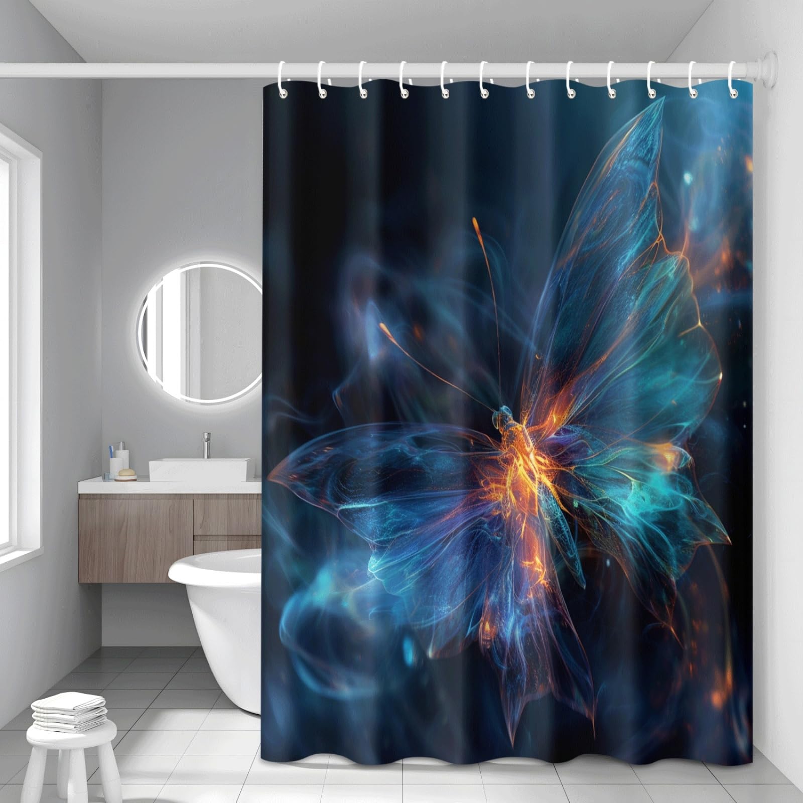 Tenda Doccia Farfalla Verde Blu Tenda Doccia Antimuffa Impermeabile Poliestere Lavabile con 12 Ganci Facile da Installare Tende Finestra Bagno per Dormitorio Hotel (180x220cm)
