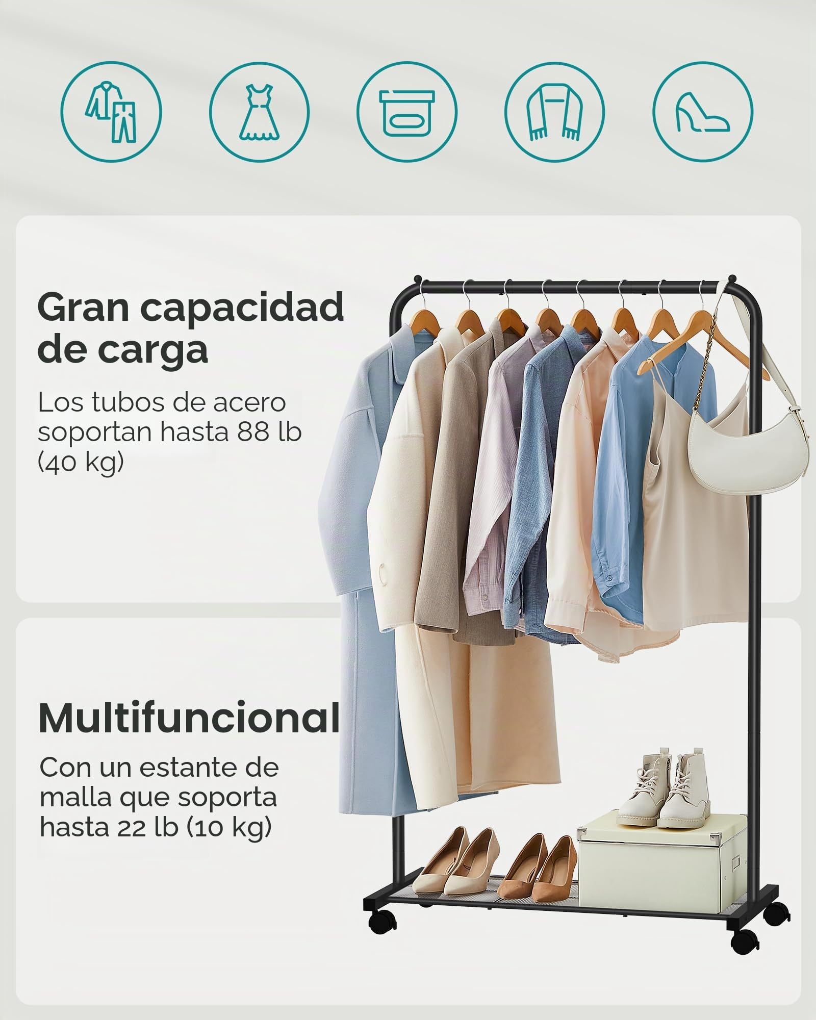 SONGMICS Perchero con ruedas, perchero para colgar ropa, 25,4 mm de grosor con estante de almacenamiento de malla densa, capacidad de carga de 110 libras, 2 frenos, marco de acero, negro UHSR25BK