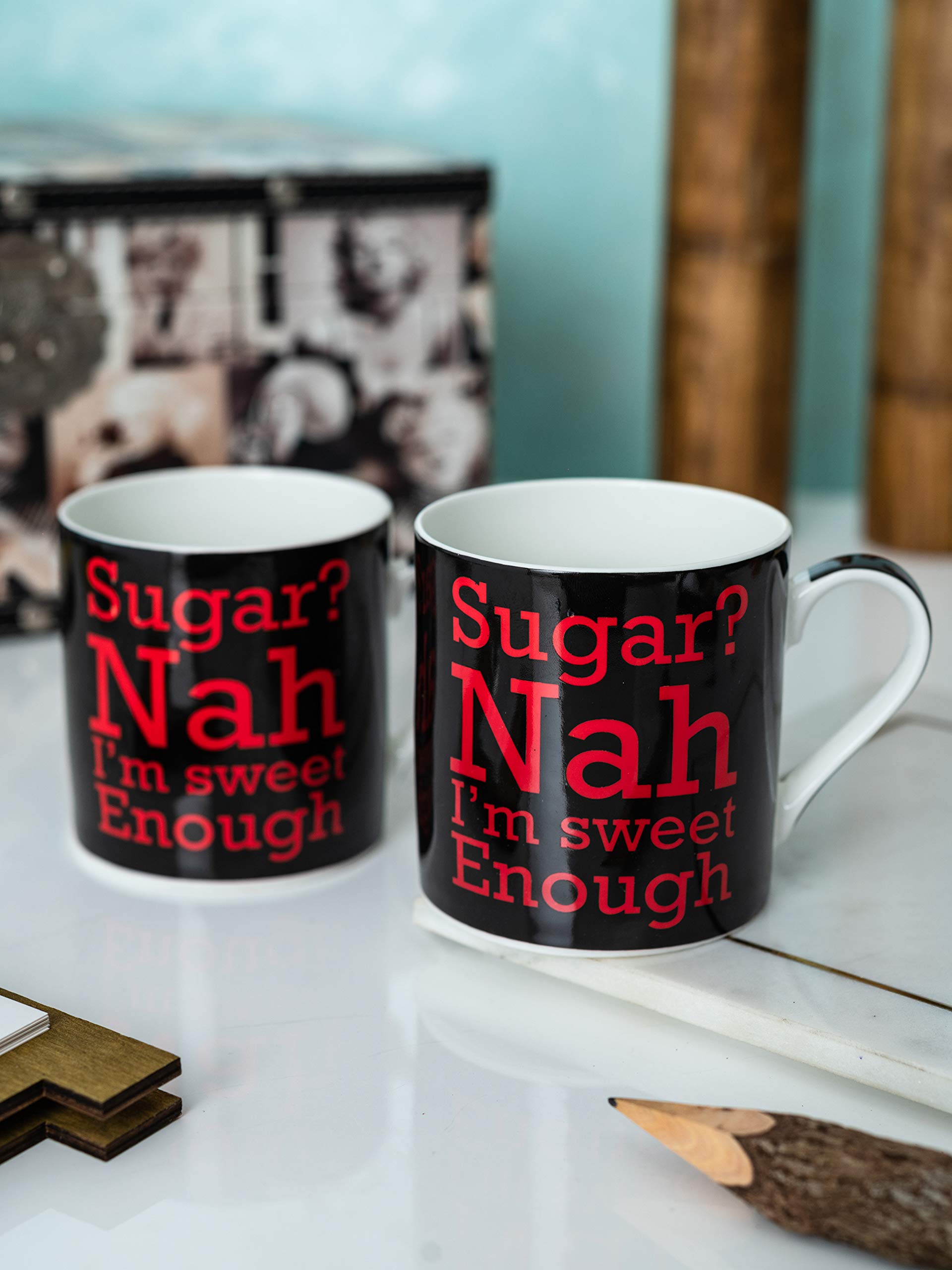 Fine Bone China Tea Cups/Coffee Mugs with Fun Wordings (Set of 2 Cups). (Made in India)