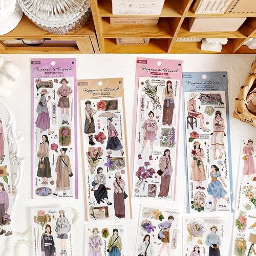 Miniatura 6 de Dwpetzo Calcomanías para álbumes de recortes para diario de viñetas, 24 hojas Morandi Girls Flowers Retro Aesthetic Stickers Set de calcomanías para