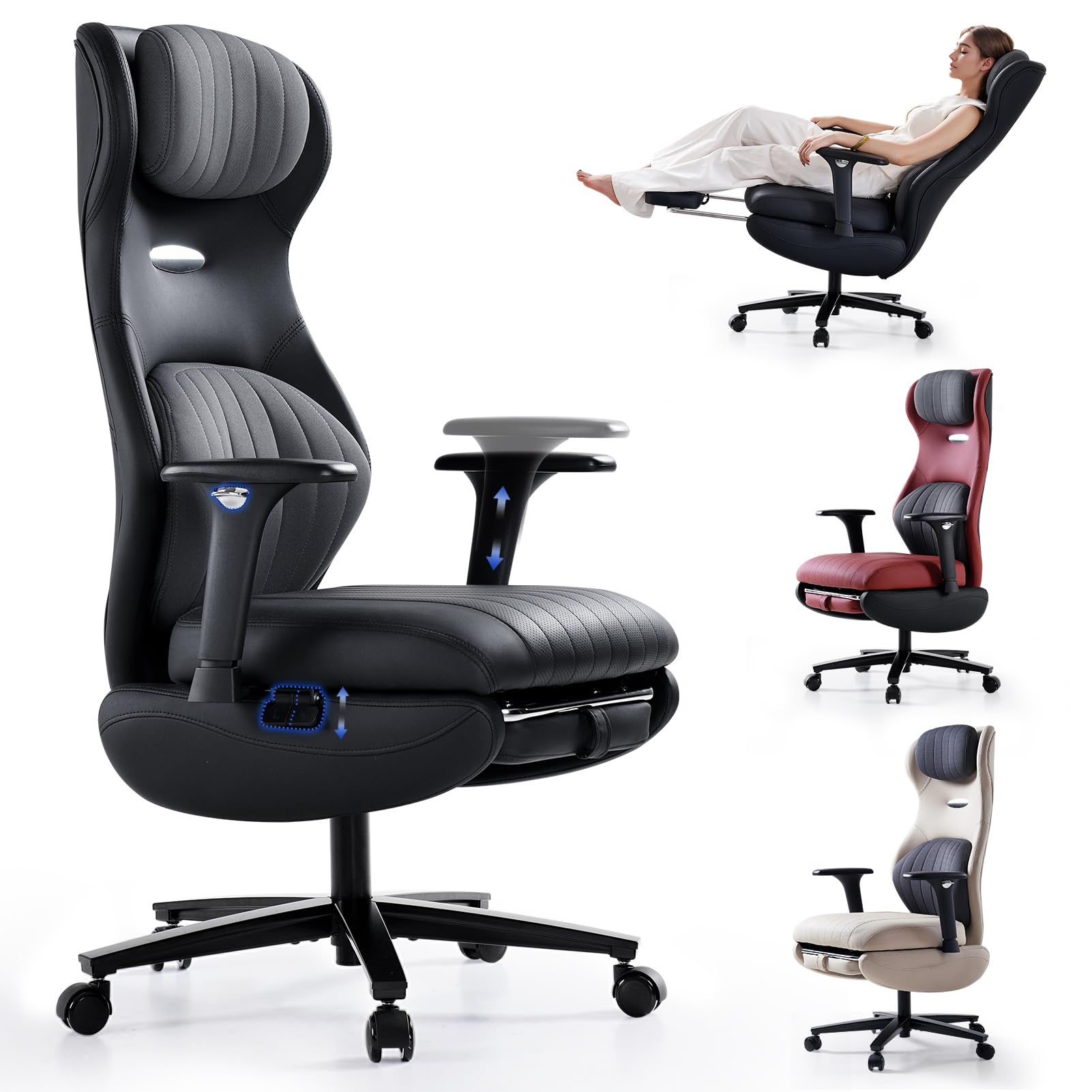 EMIAH Silla Oficina Ergonómica, Silla de Escritorio Reclinable con Reposapiés, Reposabrazos Ajustables, Silla Game de Respaldo Alto, Silla de Ordenador Ejecutiva con Soporte Lumbar, Cuero PU (Negro)
