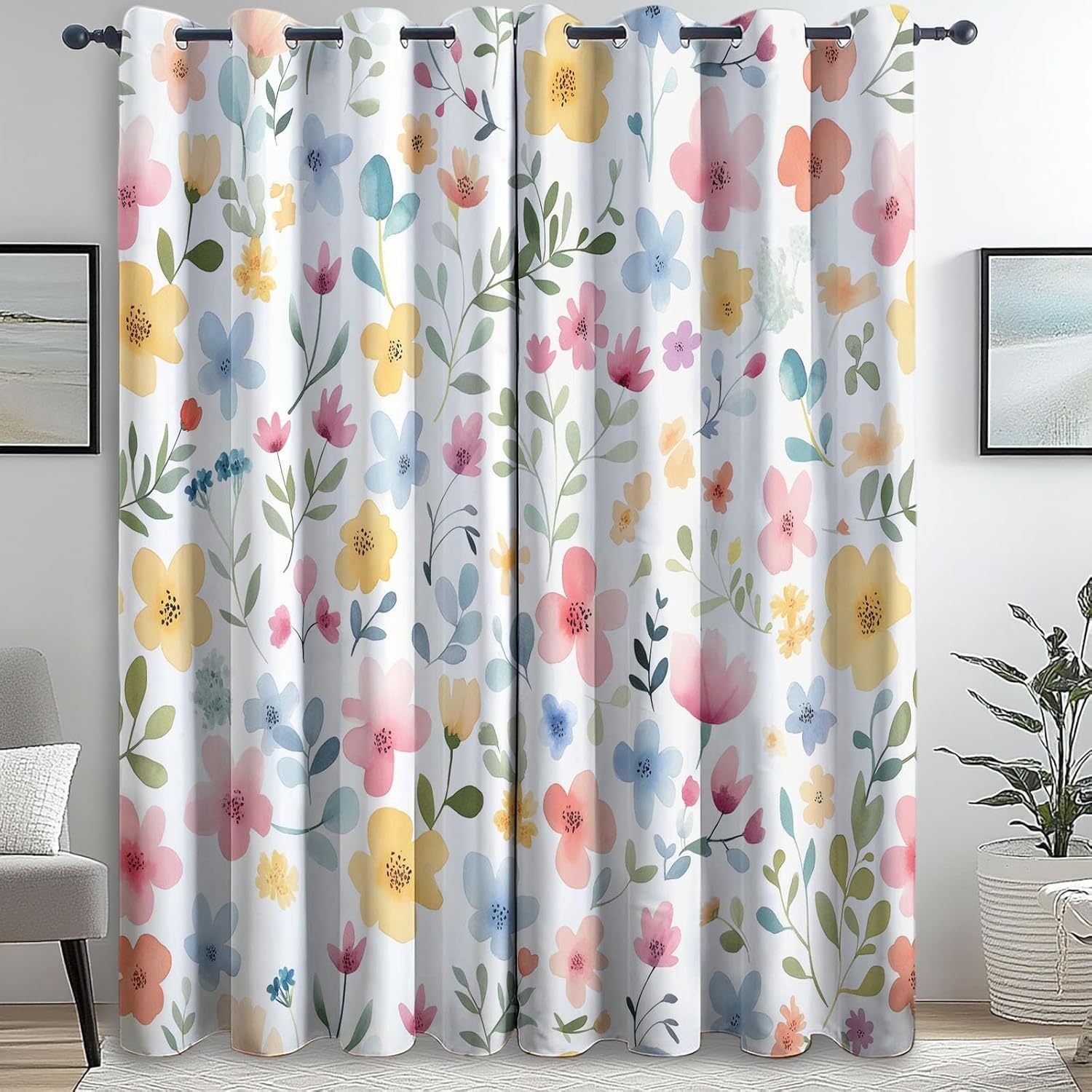 Cortinas Salon Floral Cortinas Dormitorio PequeñA Flor Cortinas Opacas 2 Piezas, Cortinas Termicas Aislantes Frio y Calor con Ojales 140x220cm