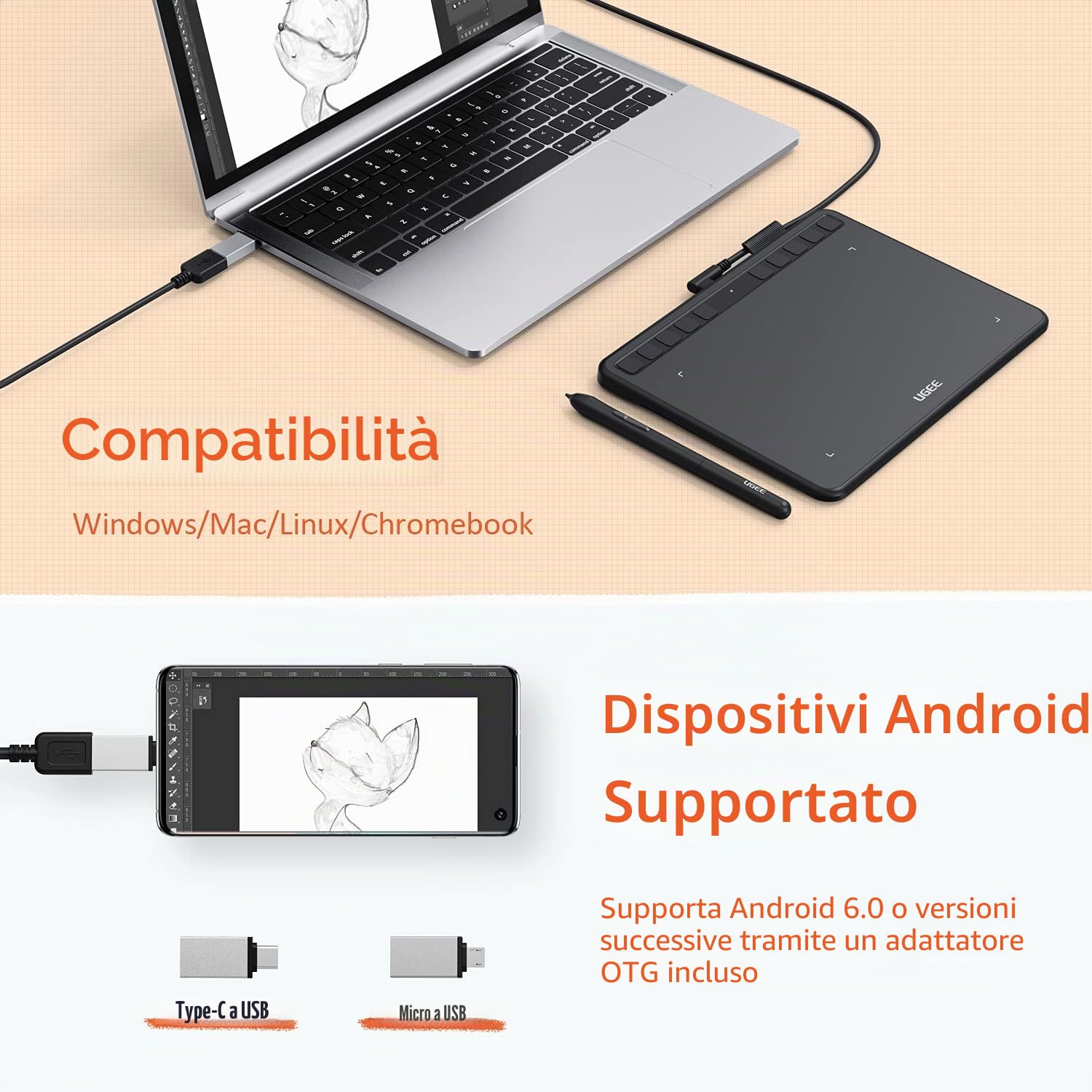 UGEE S640 Tavoletta Grafica da 6,3x4 Pollici di Area Attiva, Tavola Grafica con 10 Tasti di Scelta Rapida, Penna Senza Batteria con 8192 Livelli di Pressione