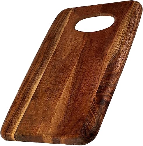 Tabla de cortar de madera dura de acacia Bahama marrón orgánico para cocina, tabla de servir, tabla de embutidos con mango tallado, 15 x 10 x 1
