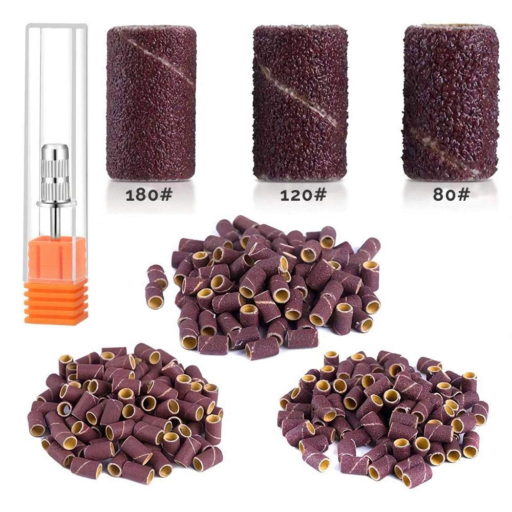 MelodySusie 300stk Schleifhülsen Schleifkappen Nagelfräser Aufsatz Schleifbänder 180" mit 1 Mandrel Aufsatz für Maniküre Pediküre Nageldesign Nagelkunst Nagelpflege (Rot 300stk)