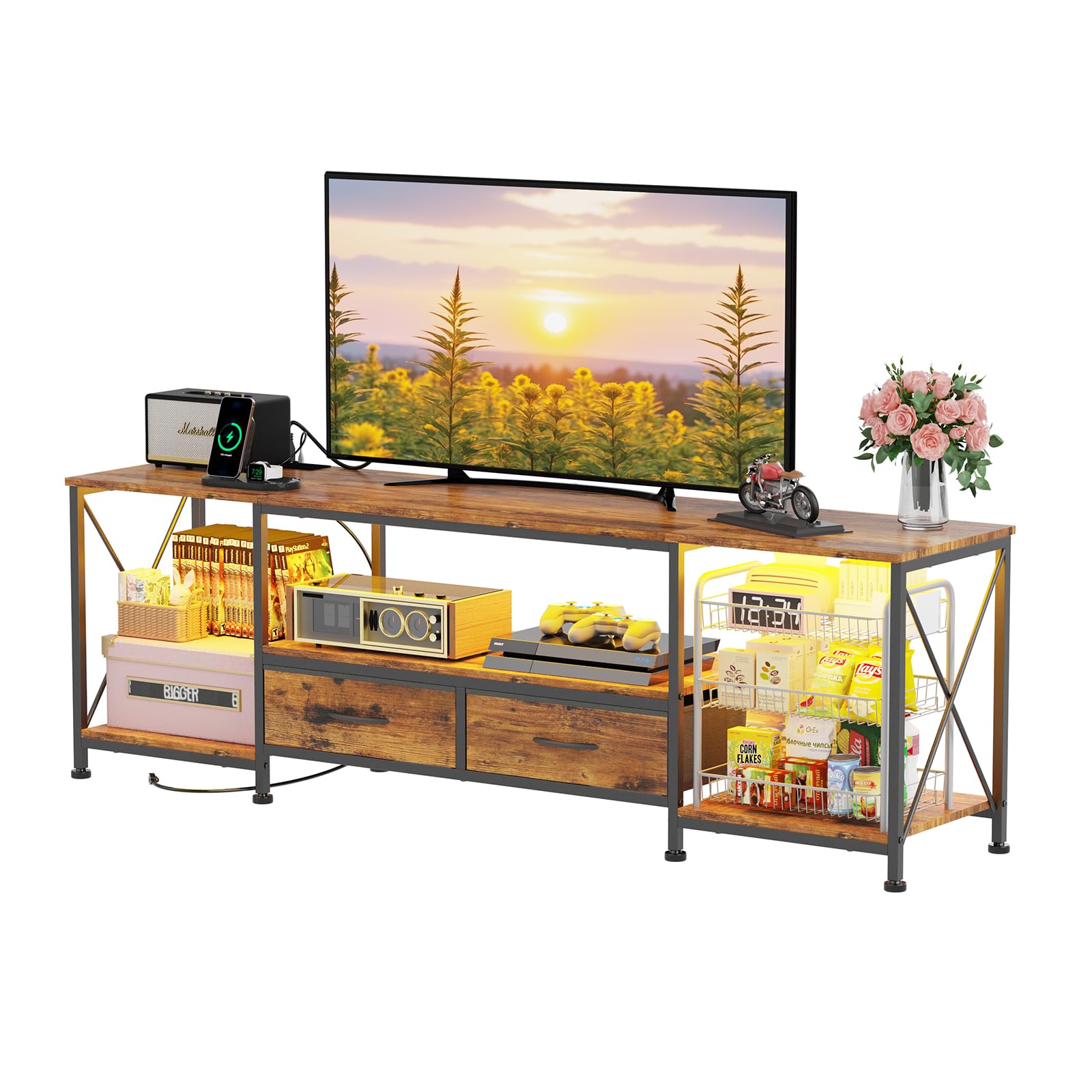 Meuble TV avec Lumières LED Armoire de Télévision avec Prise Meuble Télé de Salon per Téléviseur 75 Pouces 180cm Banc TV Armoire Basse per Salon, Chambre Marron