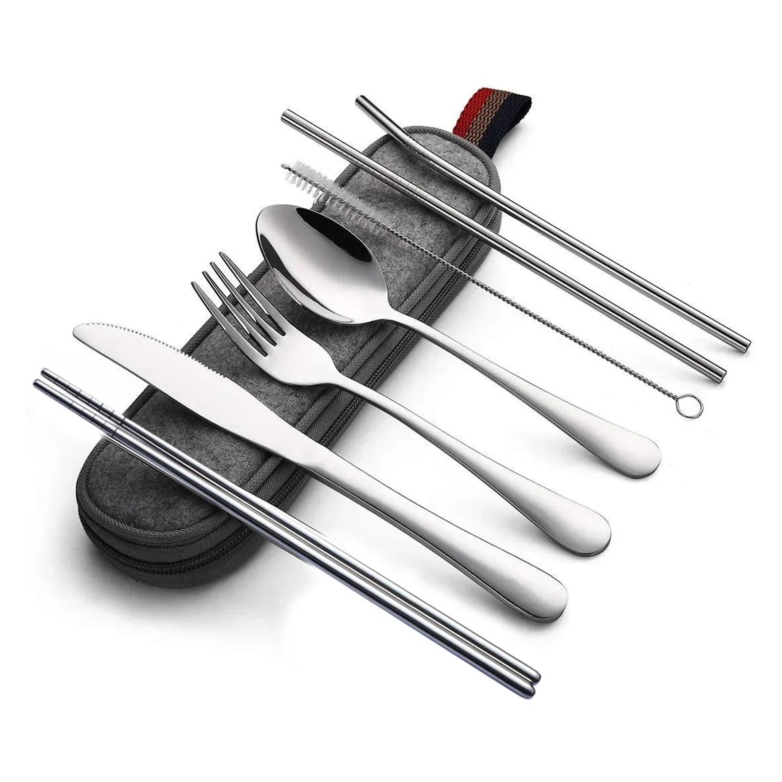 8 unids/set vajilla reutilizable juego de cubiertos viaje utensilios campamento con cuchara acero inoxidable tenedor palillos paja Estuche portátil(Purple)