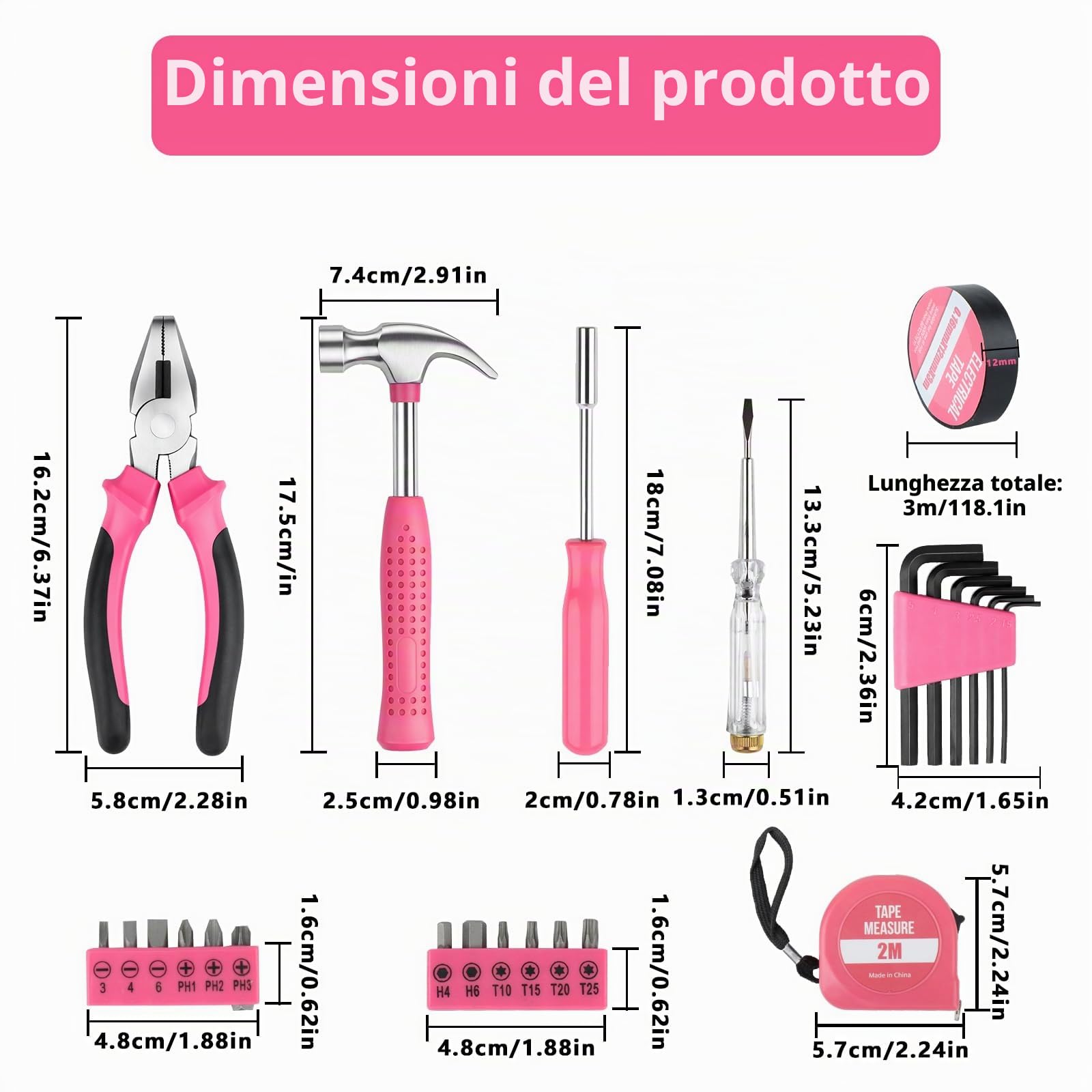 Cassetta Attrezzi Completa Rosa, Valigetta Attrezzi Completa | Valigia Porta Attrezzio, Cassette Porta Attrezzio, Regali Rosa per Donne Uomini, con martello, pinze, cacciaviti, punte, ecc