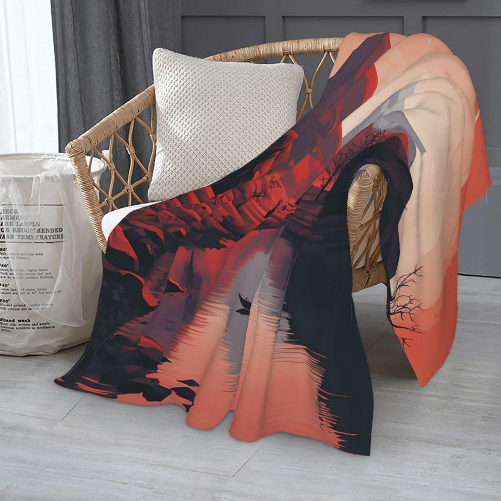 Couverture en flanelle imprimée pour canapé – Couverture en flanelle douce, confortable et légère en microfibre pour toutes les saisons – Rouge montagne et bateau