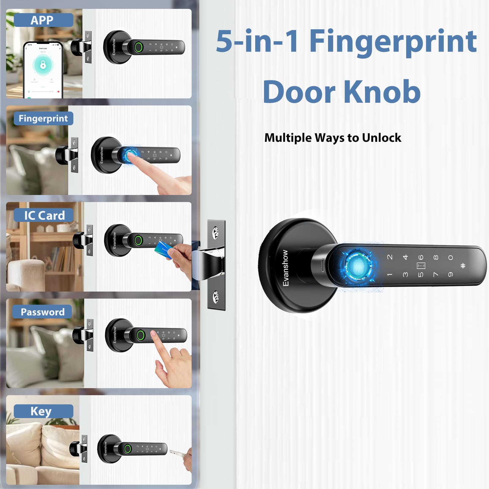 Evanshow Fingerprint Door Lock Biometric Door Knob with Keypad Keyless Entry, 5-in-1 Door Locks for Bedrooms(Fingerprint/App/Code/Key/IC Card), Home Hotel Office Apartment