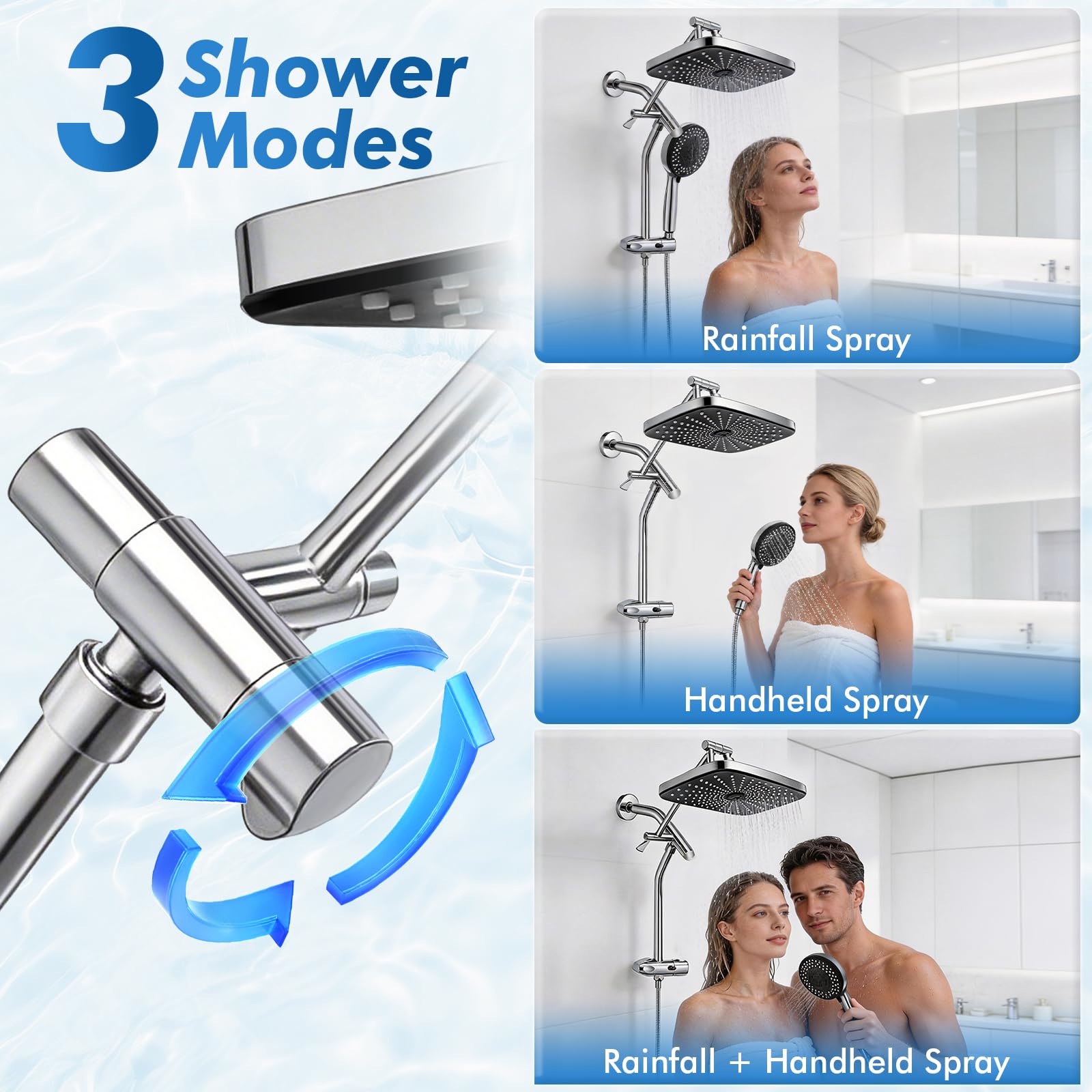 Shower Head with Handheld, 12" High Pressure Rain Shower Heads with Filtered Handheld Spray Combo & Adjustable Extension Arm, Silver Showerheads & Hand Held Showers Set for Bathroom — view 4