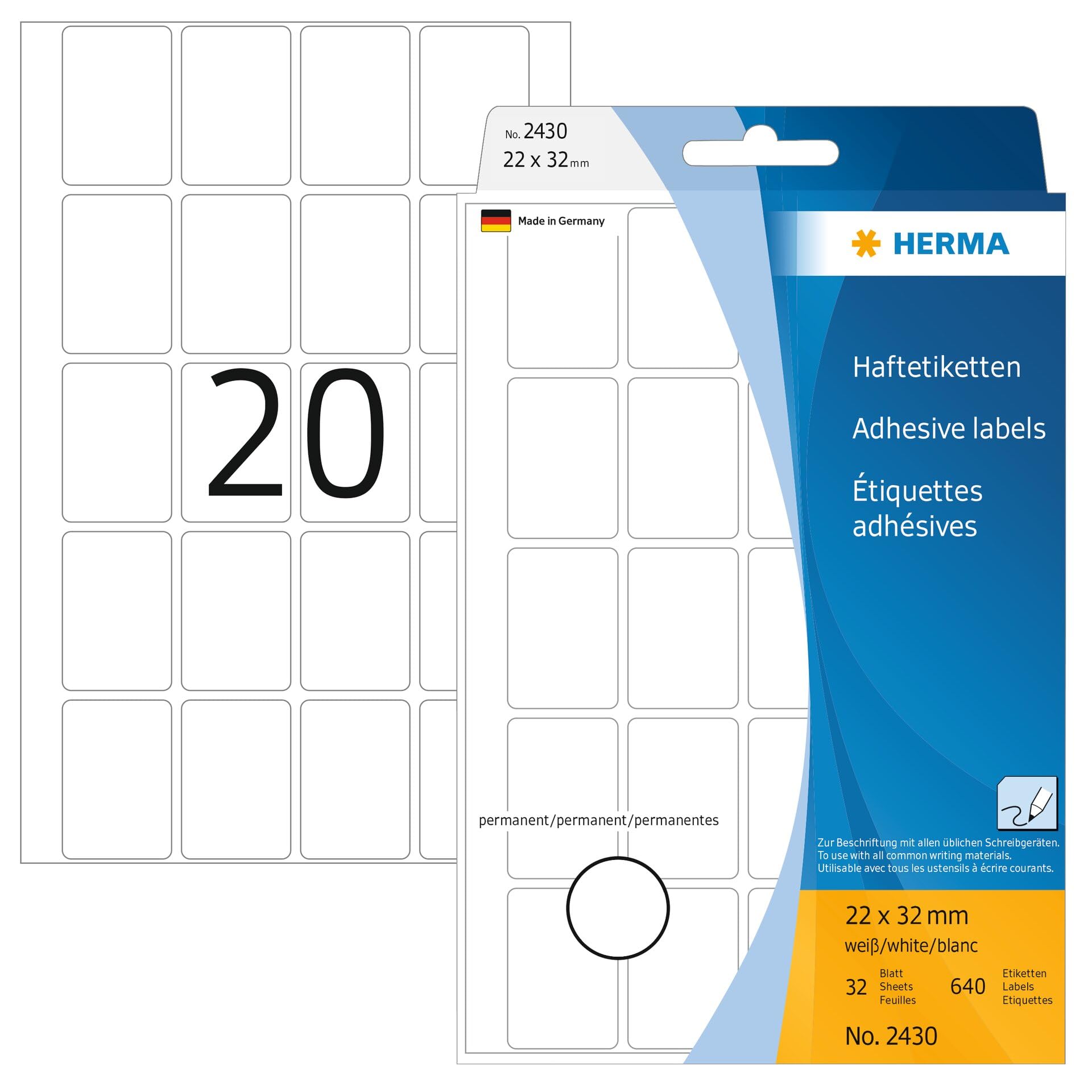 HERMA Multi Purpose Labels, 20 Labels per Sheet, 32 Sheets, 22 x 32 mm, 640 Labels, Self Adhesive Small Labels Stickers, Blank Sticky Labels for Office Kitchen Home, White