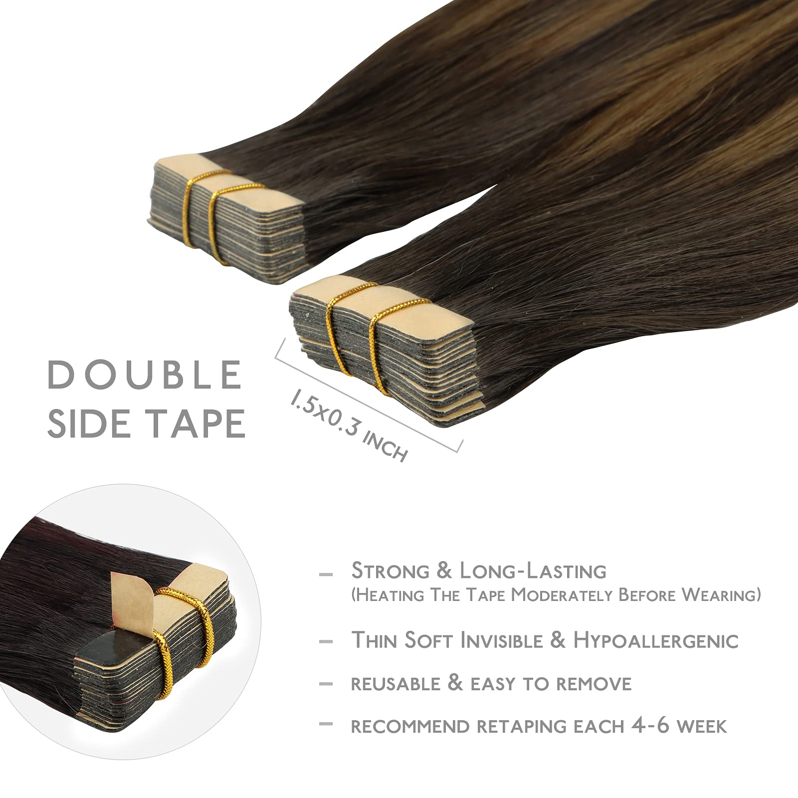 WENNALIFE Extension Adhesive Cheveux Naturel, 20pcs 35cm 50g Balayage Marron Foncé Mixte Marron Châtaigne Extension Cheveux Naturel Adhésif Colored Remy Tape in Hair Extensions - 3