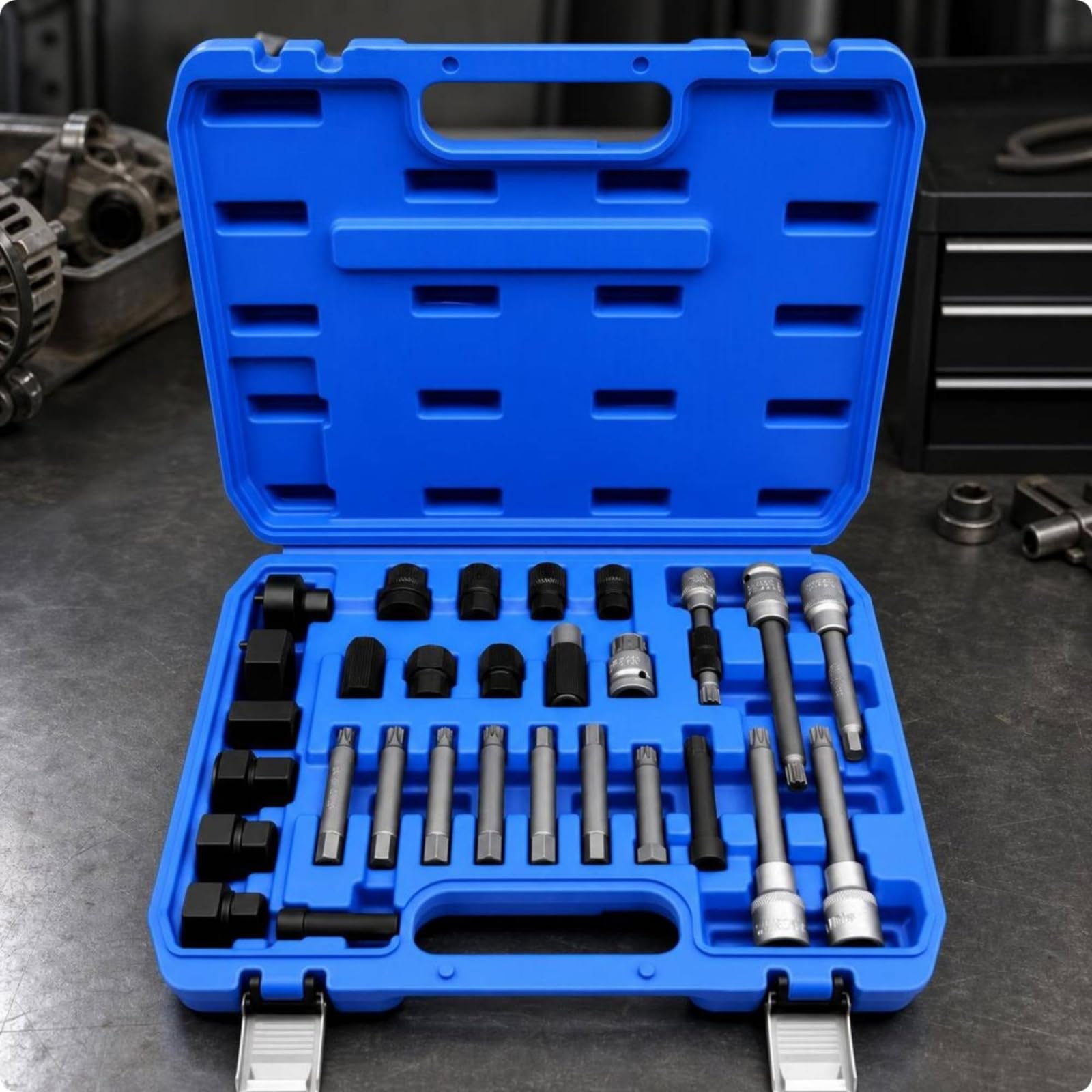 30 Piezas Extractor Polea Alternador Organizado Juego con Adaptadores Completo Maletín Herramientas con Vasos para Mecánicos