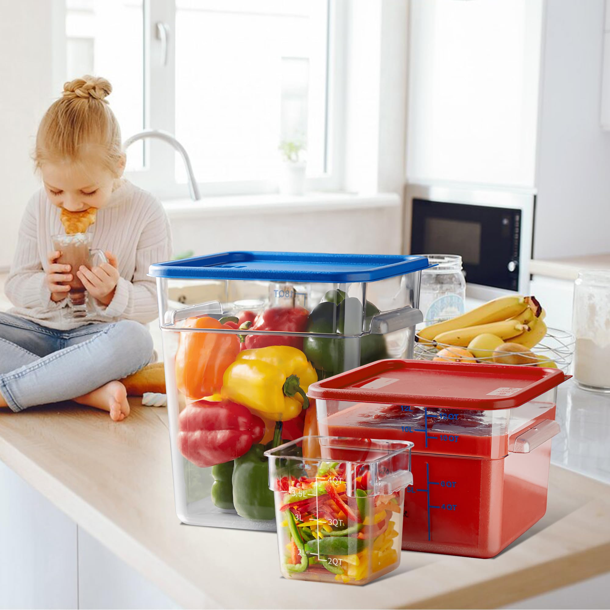 Paquete de 4 recipientes de almacenamiento de alimentos de 4 cuartos con tapas, organización de alimentos NSF, cuadrados, transparentes, policarbonato