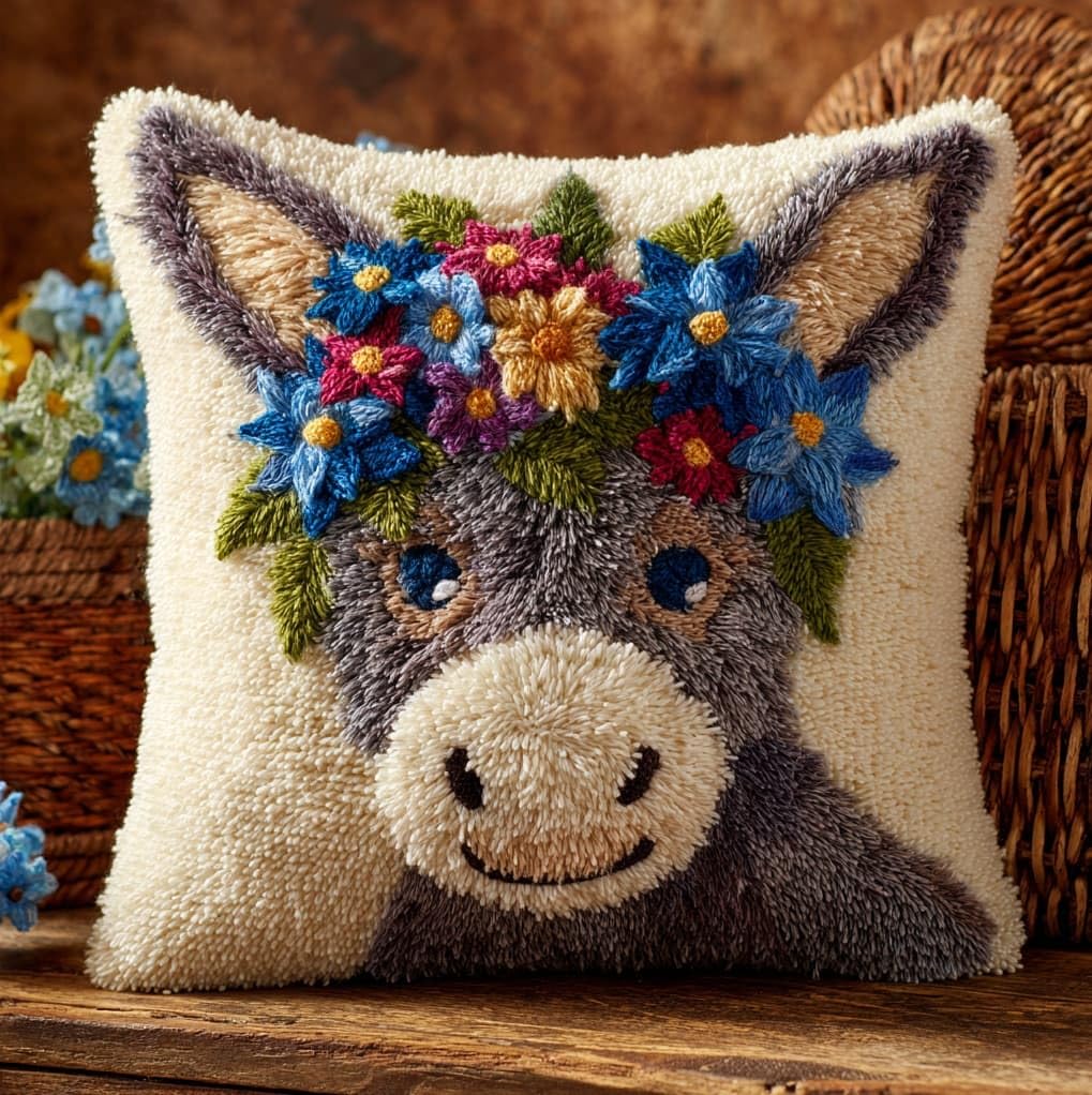 Wallustrioaw Latch Hook Kits Pillow For Adults,Animal Donkey,Latch Hook Kit Cushion,Embroidery Diy Needlework Pillow Cover,17X17in