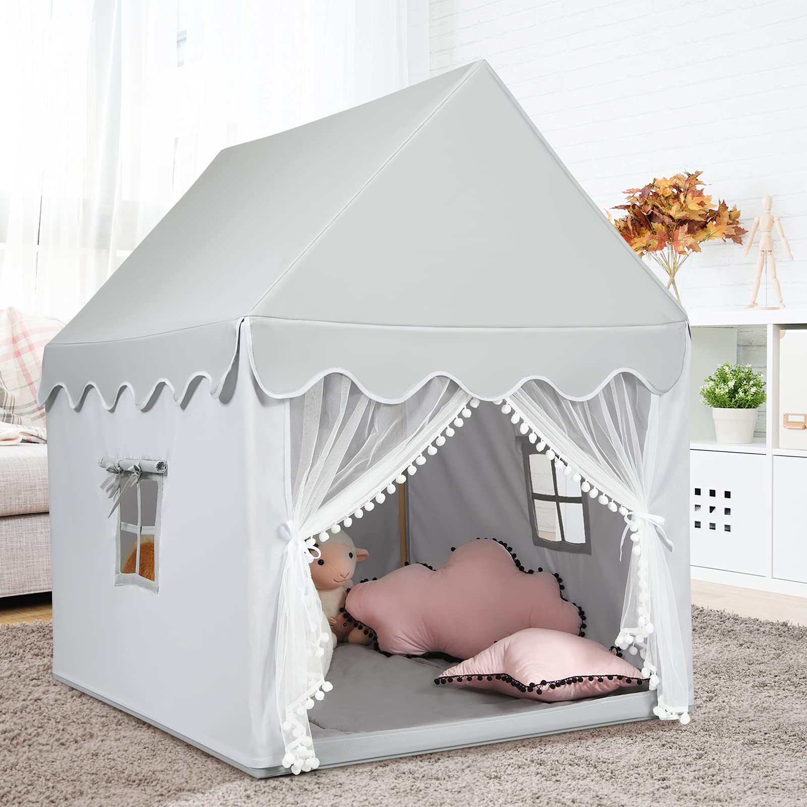 DREAMADE Kinderspielzelt Spielzelt für Kinder mit gepolsterter Decke & Fenstern & Holzrahmen, Kinderspielhaus, Tipi Zelt, Kinderzelt für drinnen, für Jungen & Mädchen (Grau)