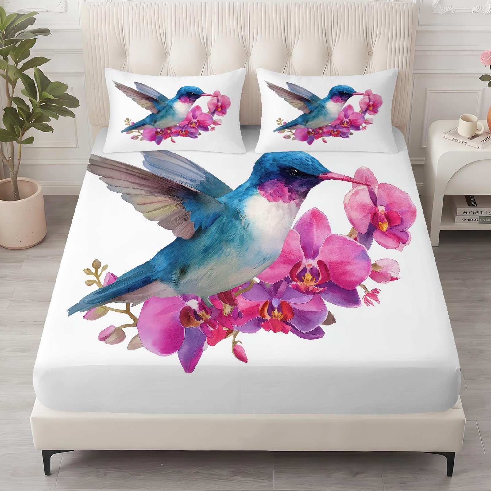 Juego de sábanas bajeras ajustables de 3 piezas, 140 x 200 cm, diseño de colibrí, de microfibra, color blanco, suave y agradable a la piel, transpirable, hipoalergénica, para colchones de hasta 30 cm