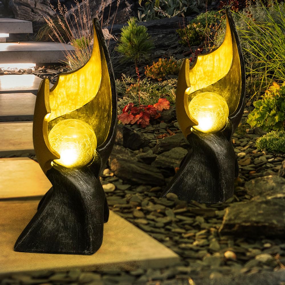 GLOBO LED Solar Flamme Solarlampen für Außen Garten Dekoration Solarleuchte mit Flammeneffekt, gold braune Skulptur mit bezauberndem Lichteffekt, 1x LED warmweiß, H 36 cm, 2er Set
