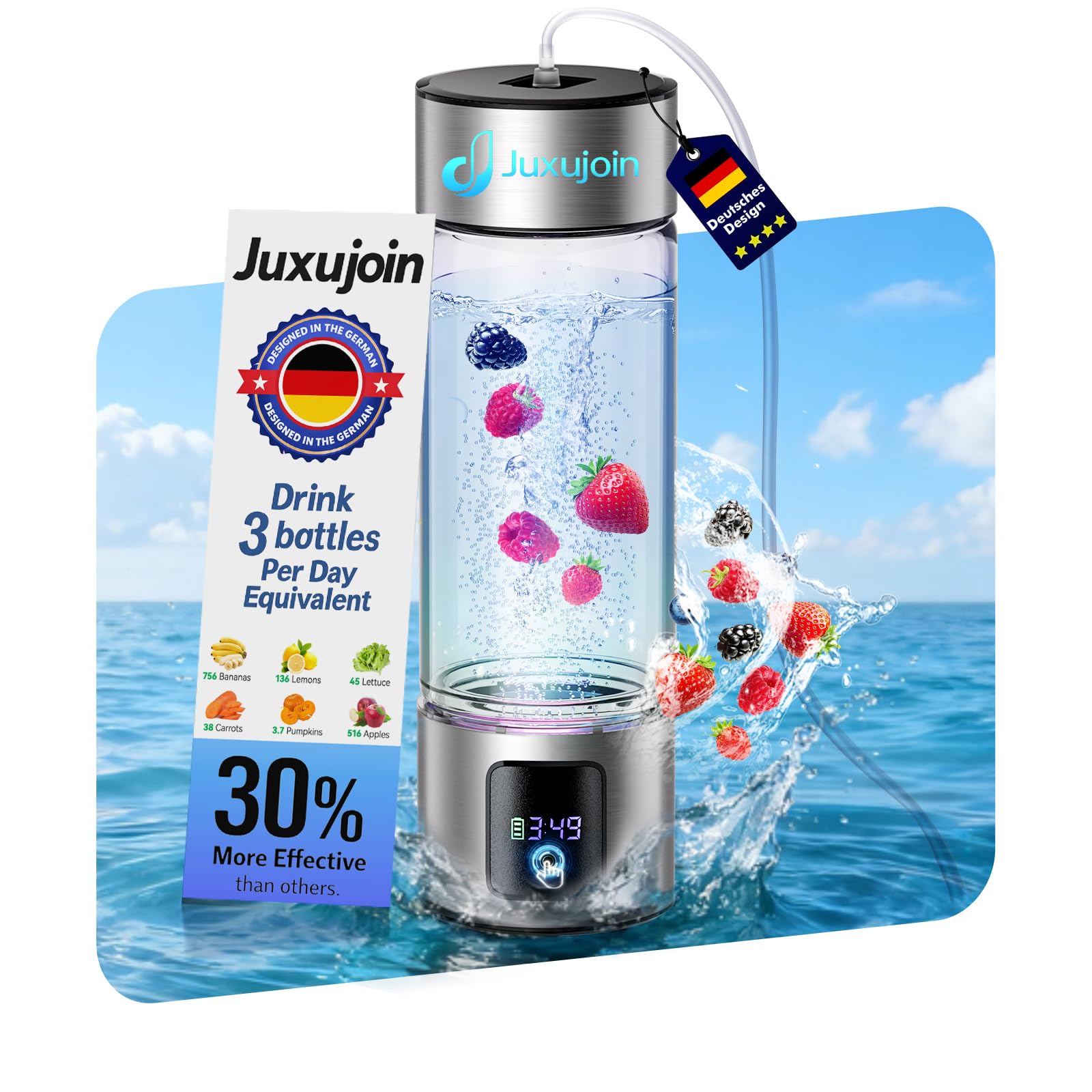Upgrade 3-in-1 Hydrogen Water Bottle with Display - Industry TOP - 24-Hour Hydrogen Lock | 0 Chlorine & 0 Ozone | 100% Leak-Proof Seal, Hydrogen Water Bottle Generator with Hydrogen Straw